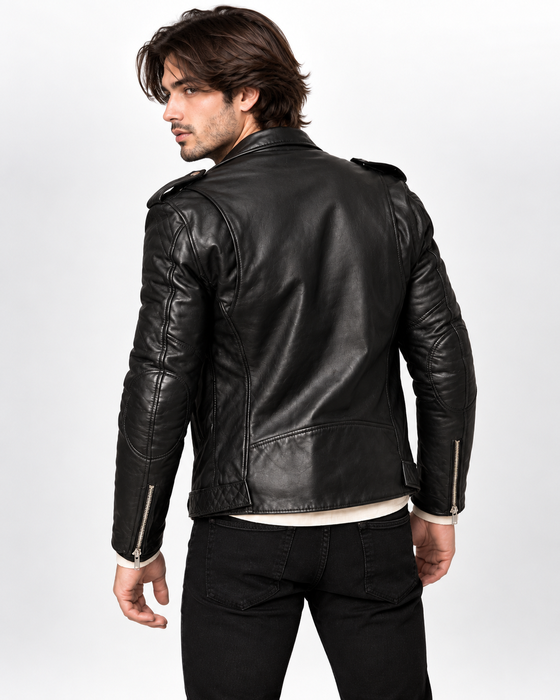 Men's Black Genuine Leather Biker Jacket with Belt - Classic Motorcycle Style