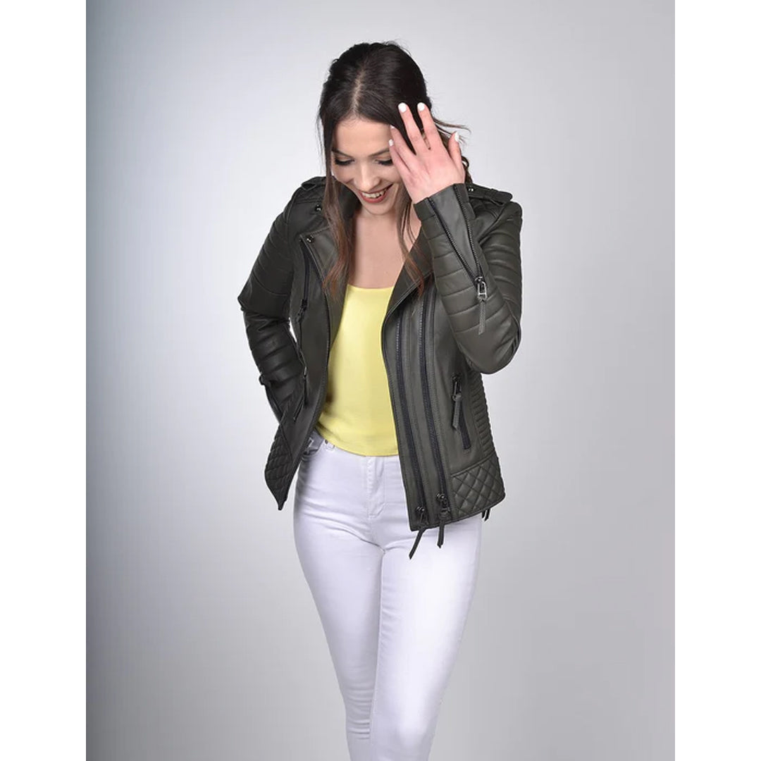 Women`s Green Biker Leather Jacket