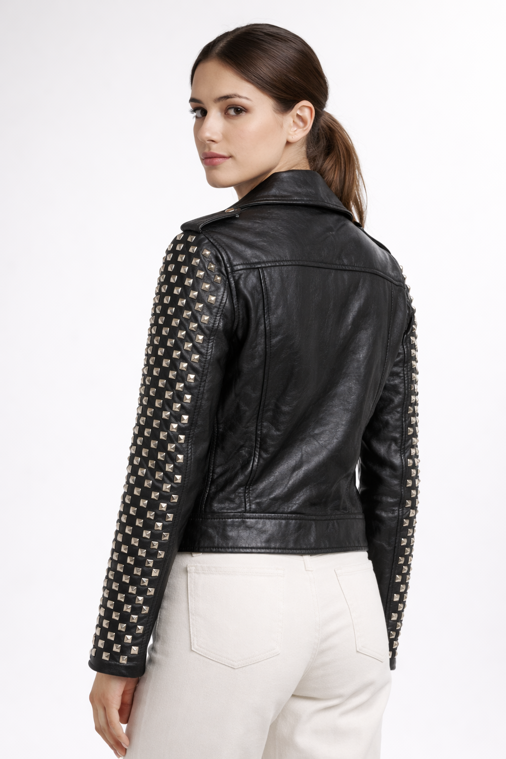 Women's Black Genuine Leather Dome Stud Jacket - Premium Studded Biker Style - Luxurena Leather