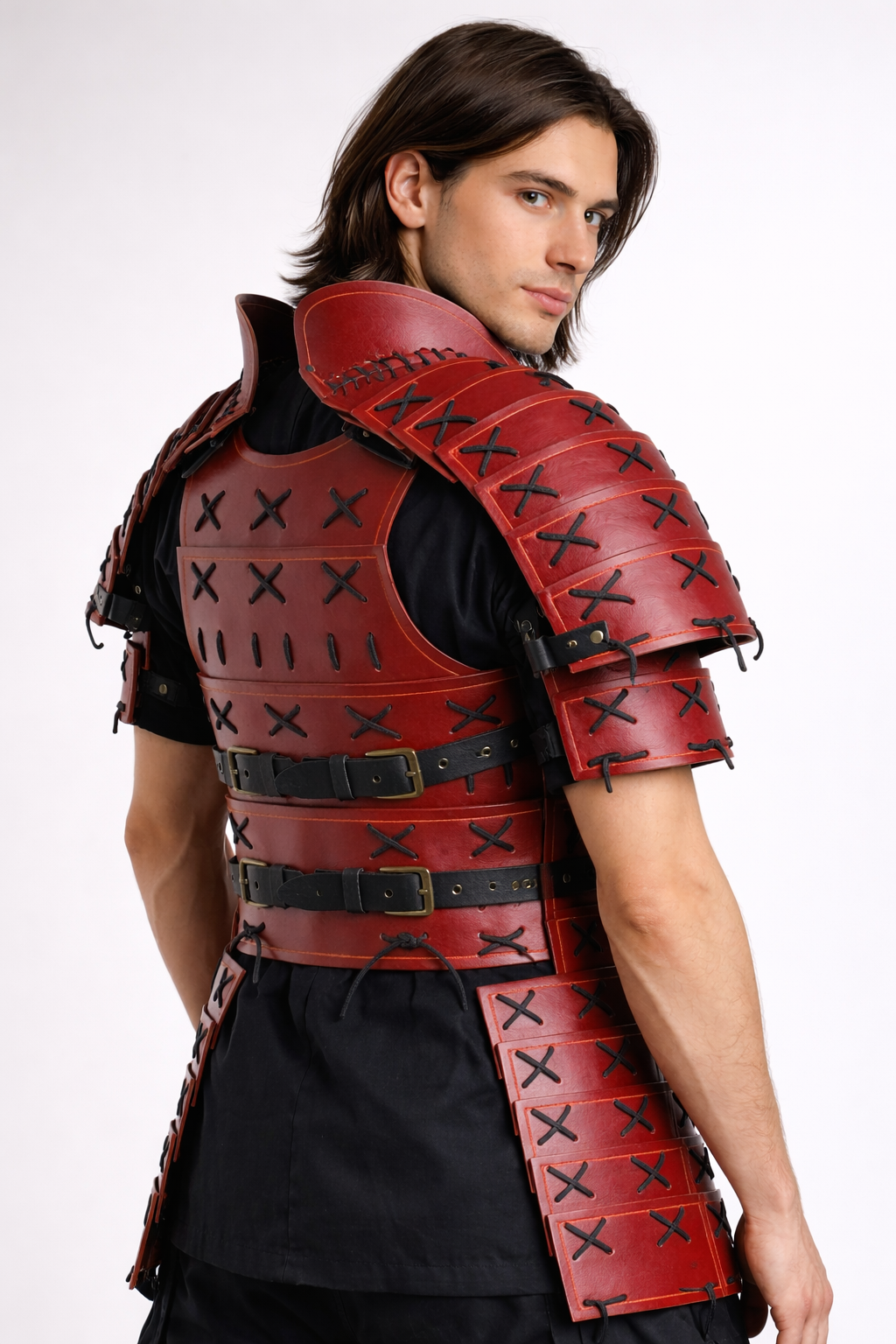 Men's Genuine Leather Medieval Samurai Armor Red and White With Detachable Shoulder Pauldrons & Thigh Armor Tassets For Halloween Theme Cosplay Costume - Luxurena Leather