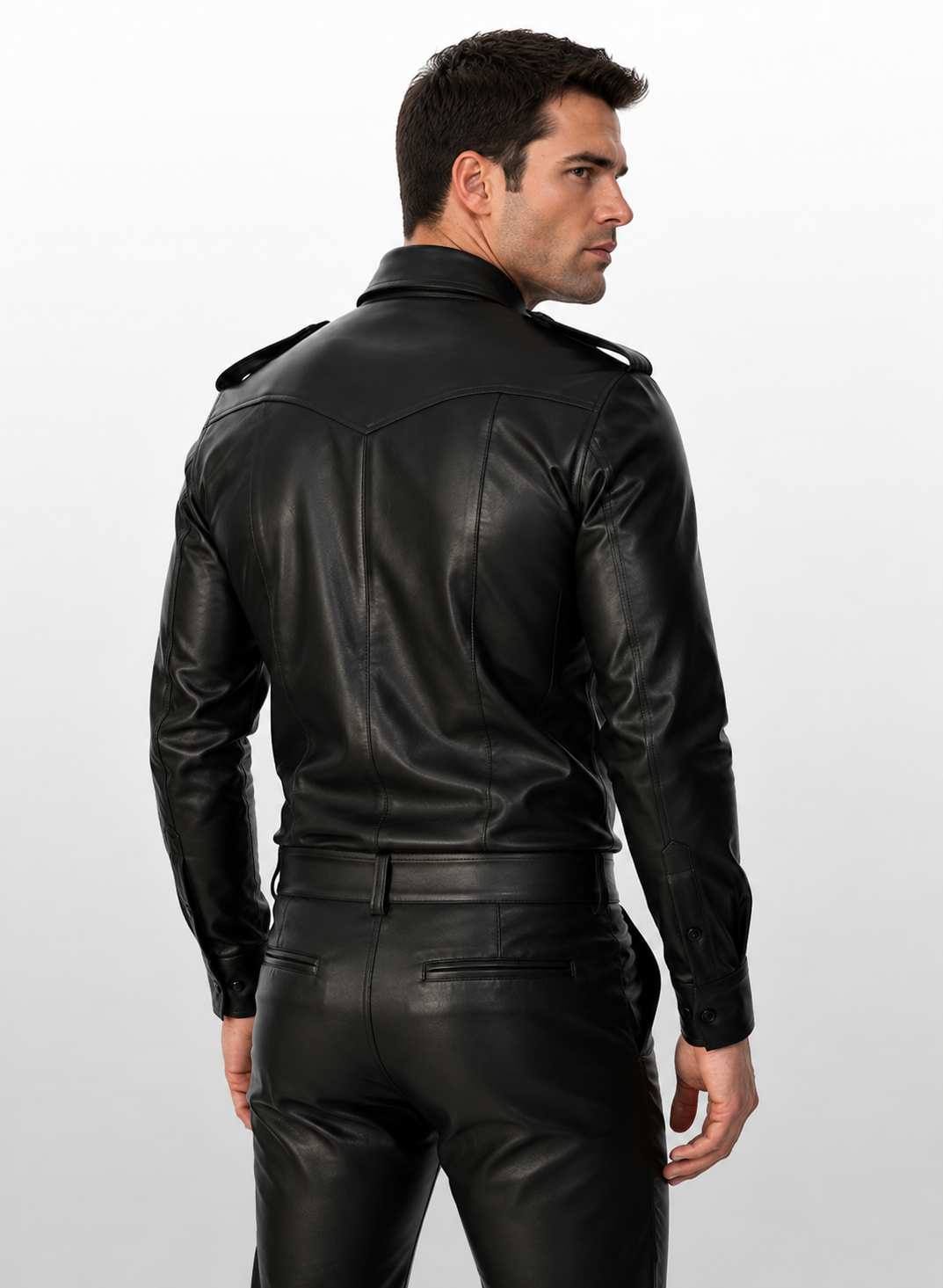 Men's Real Black Leather Police Military Style Full Sleeve Shirt