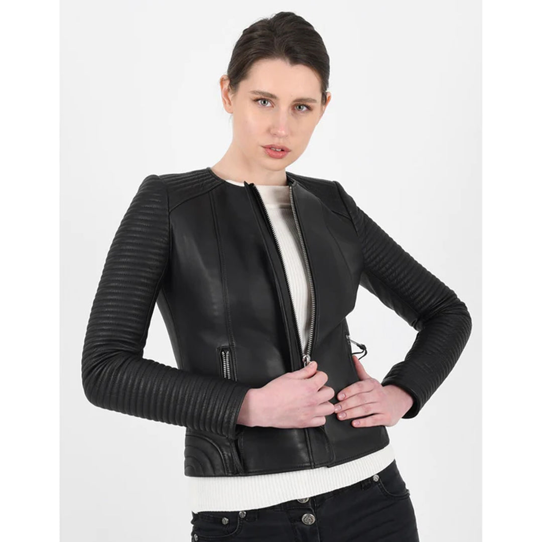 Women's Black Collarless Fitted Leather Jacket
