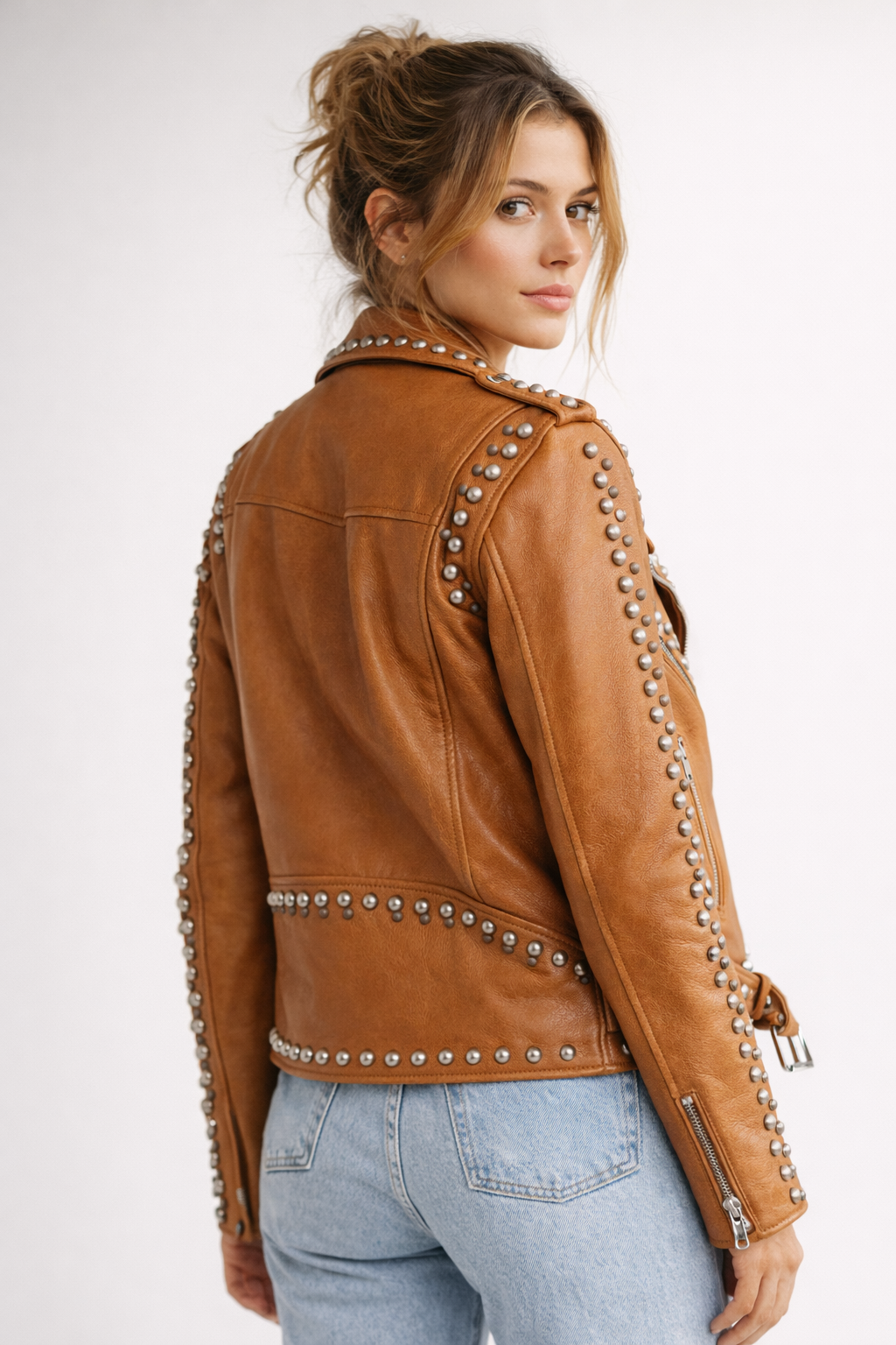 Women's Brown Genuine Leather Western Dome Studded Biker Jacket - Luxurena Leather