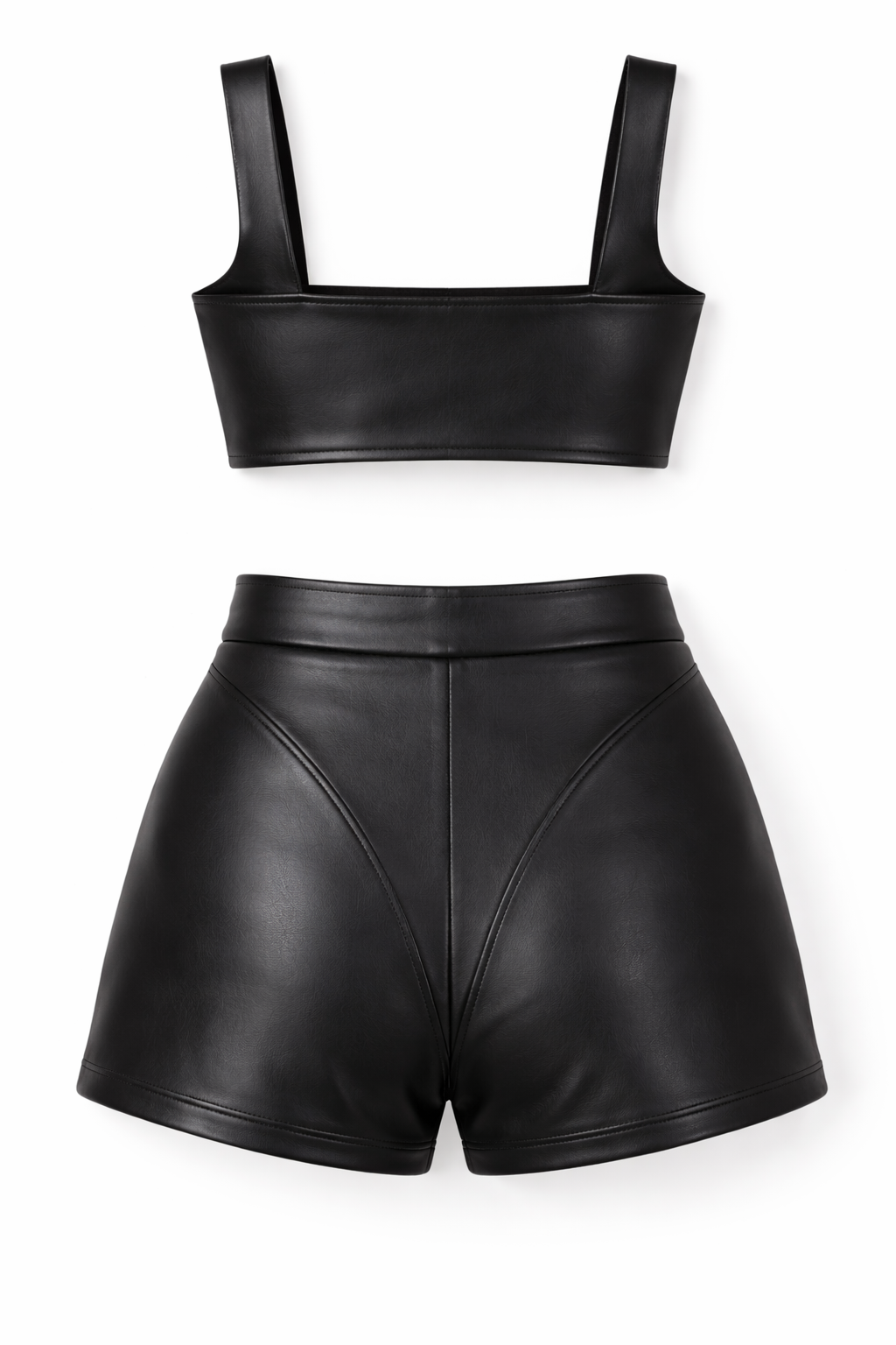 Women's Black Genuine Leather Crop Bra Top & High-Waisted Shorts Set - Sleek Minimalist - Luxurena Leather