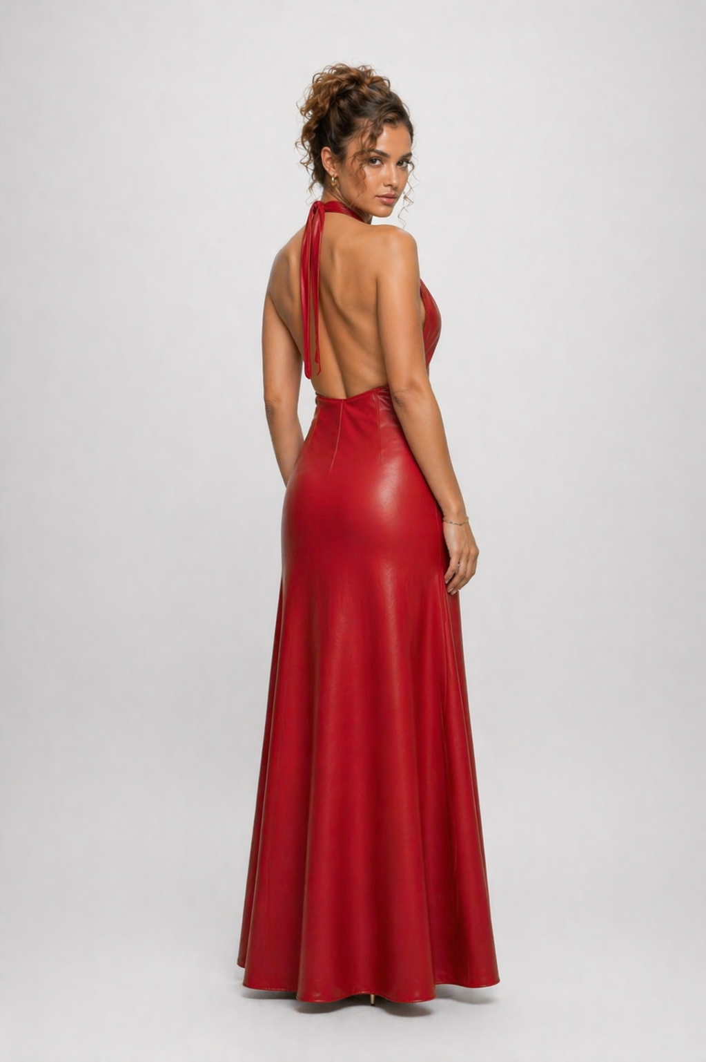 Women's Red Genuine Leather Halter Neck Maxi Dress with High Slit - Luxurena Leather