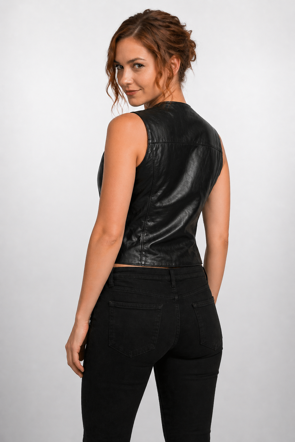 Women's Black Genuine Leather Studded Motorbike Vest - Front Zip, Fully Lined - Luxurena Leather