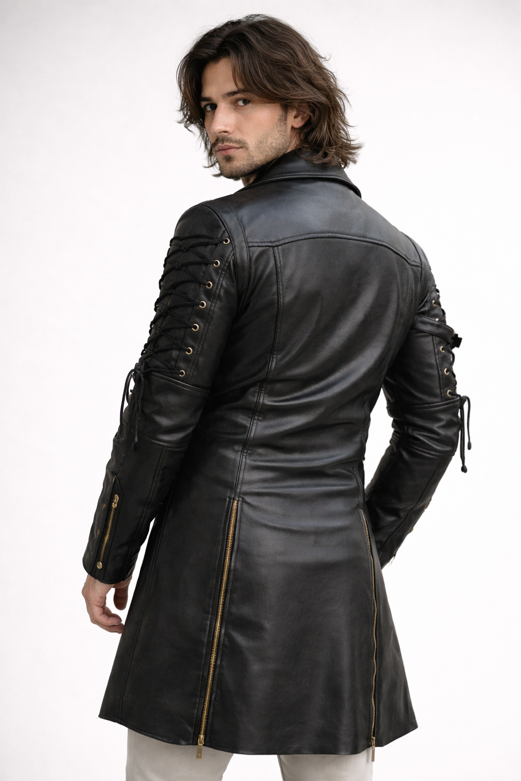 Men's Black Genuine Leather Van Helsing Steampunk Trench Coat - Premium Gothic Long Coat - Luxurena Leather