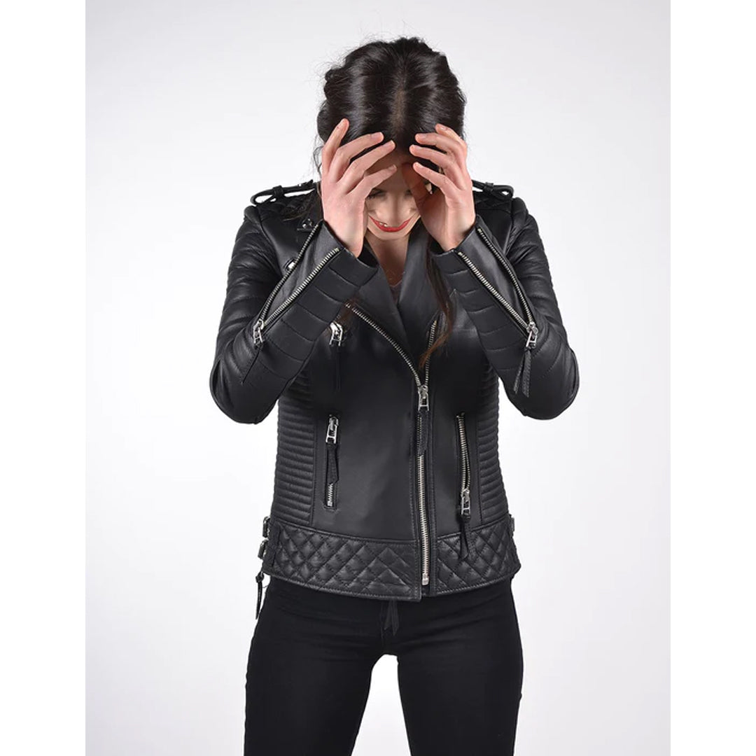 Women`s Black Biker Leather Jacket