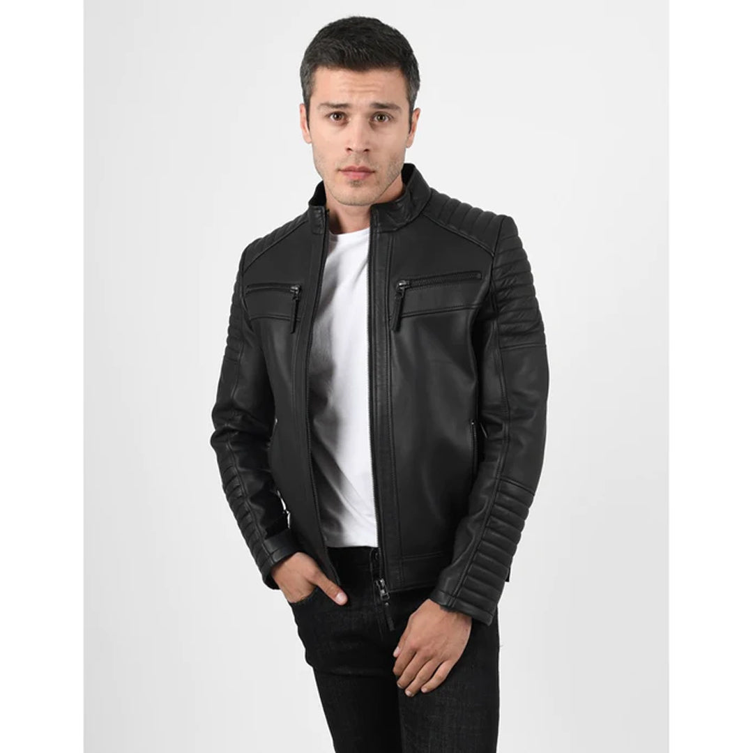 Men's Quilted Black Leather Jacket - Luxurena Leather