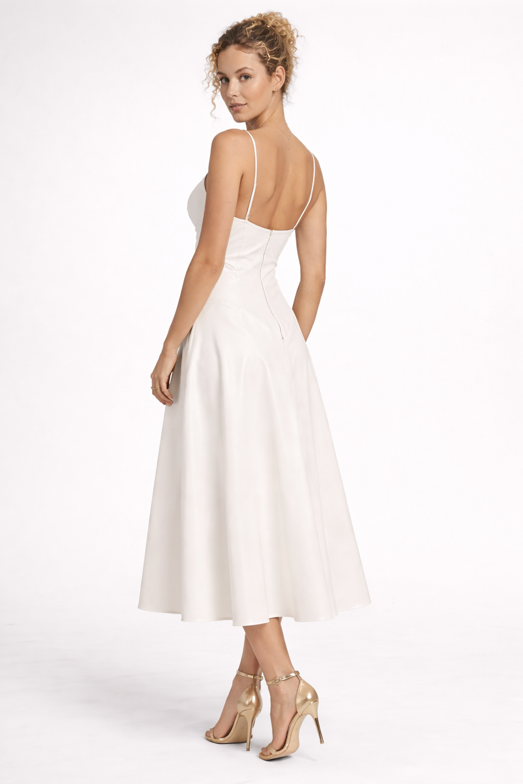Women's White Genuine Leather Flared Midi Dress - Sweetheart Neck, Sculpted Fit