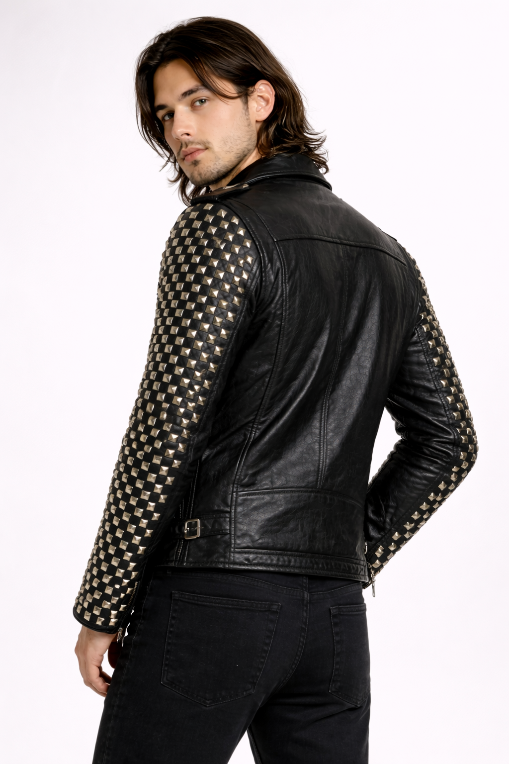 Men's Black Genuine Leather Dome Stud Biker Jacket - Premium Studded Motorcycle Style - Luxurena Leather