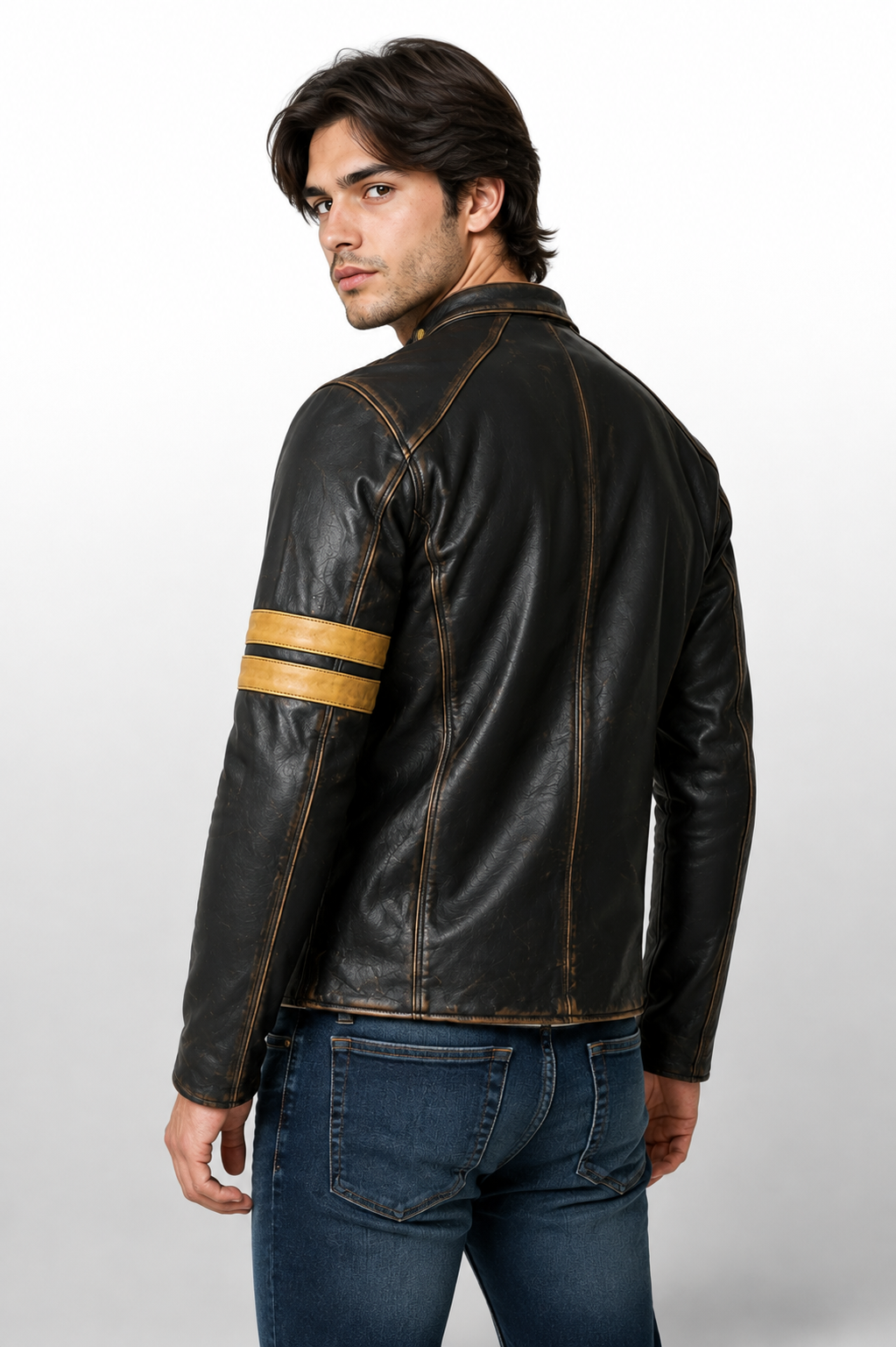 Men's Distressed Black Genuine Leather Café Racer Jacket - Antique Brown Accents & Racing Stripes