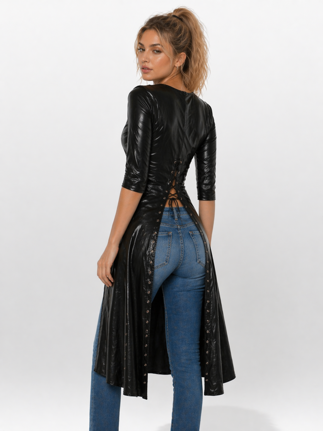 Women's Black Genuine Leather Asymmetric Single Sleeve Long Crop Dress - Sculpted Fit - Luxurena Leather