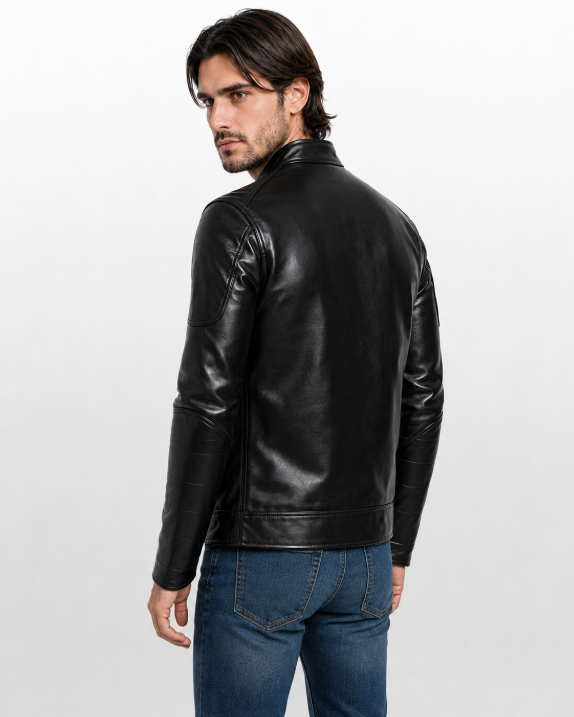 Men's Black Genuine Cowhide Leather Café Racer Jacket - Quilted Front Plain Back