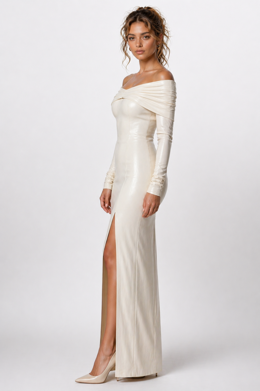 Women's White Genuine Leather Off-Shoulder Long Gown with Front Slit - Sculpted Fit Evening Dress - Luxurena Leather