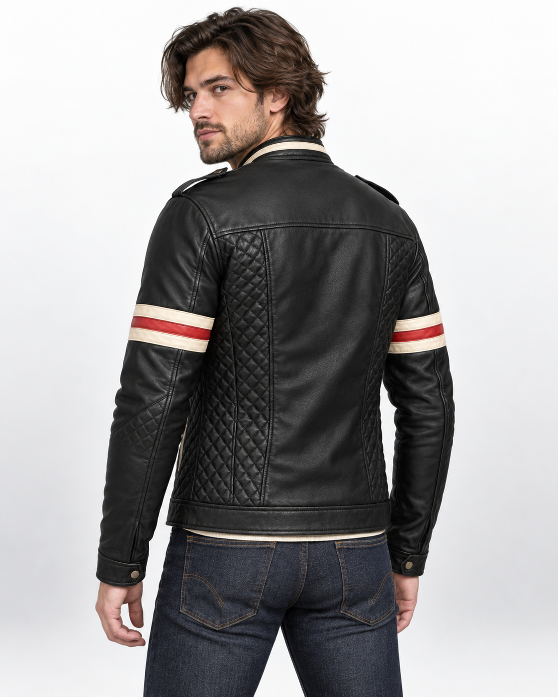Men's Black Genuine Leather Cafe Racer Jacket with Red & White Stripes - Quilted Biker Motorcycle Jacket