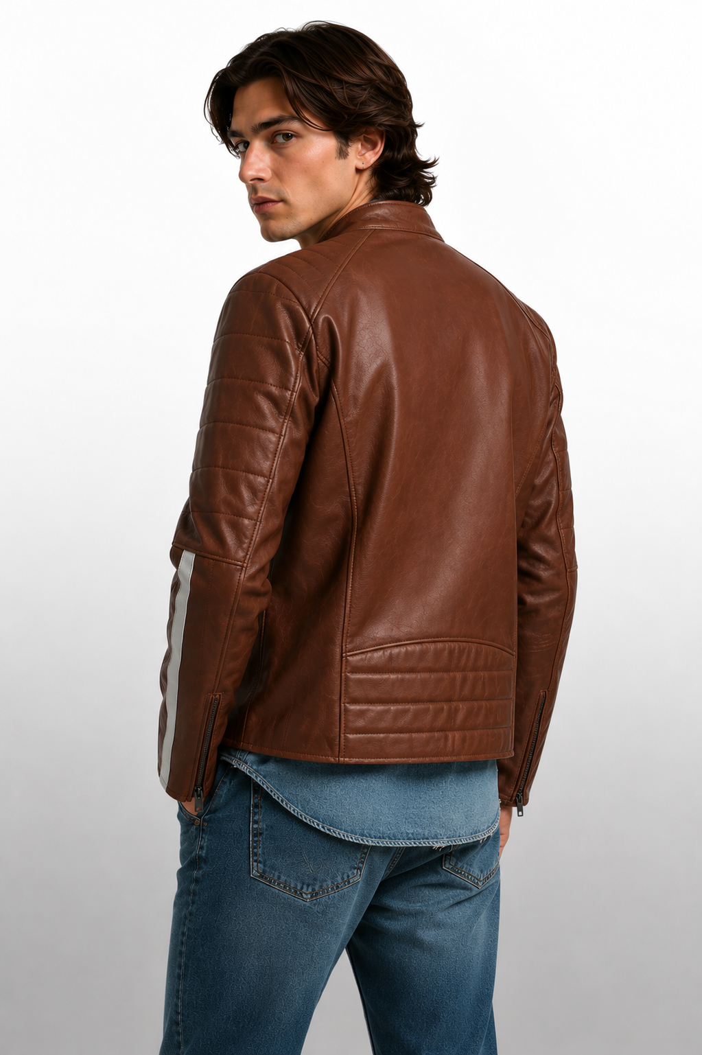 Men's Vintage Brown Cow Leather Striped Sleeve Racer Jacket