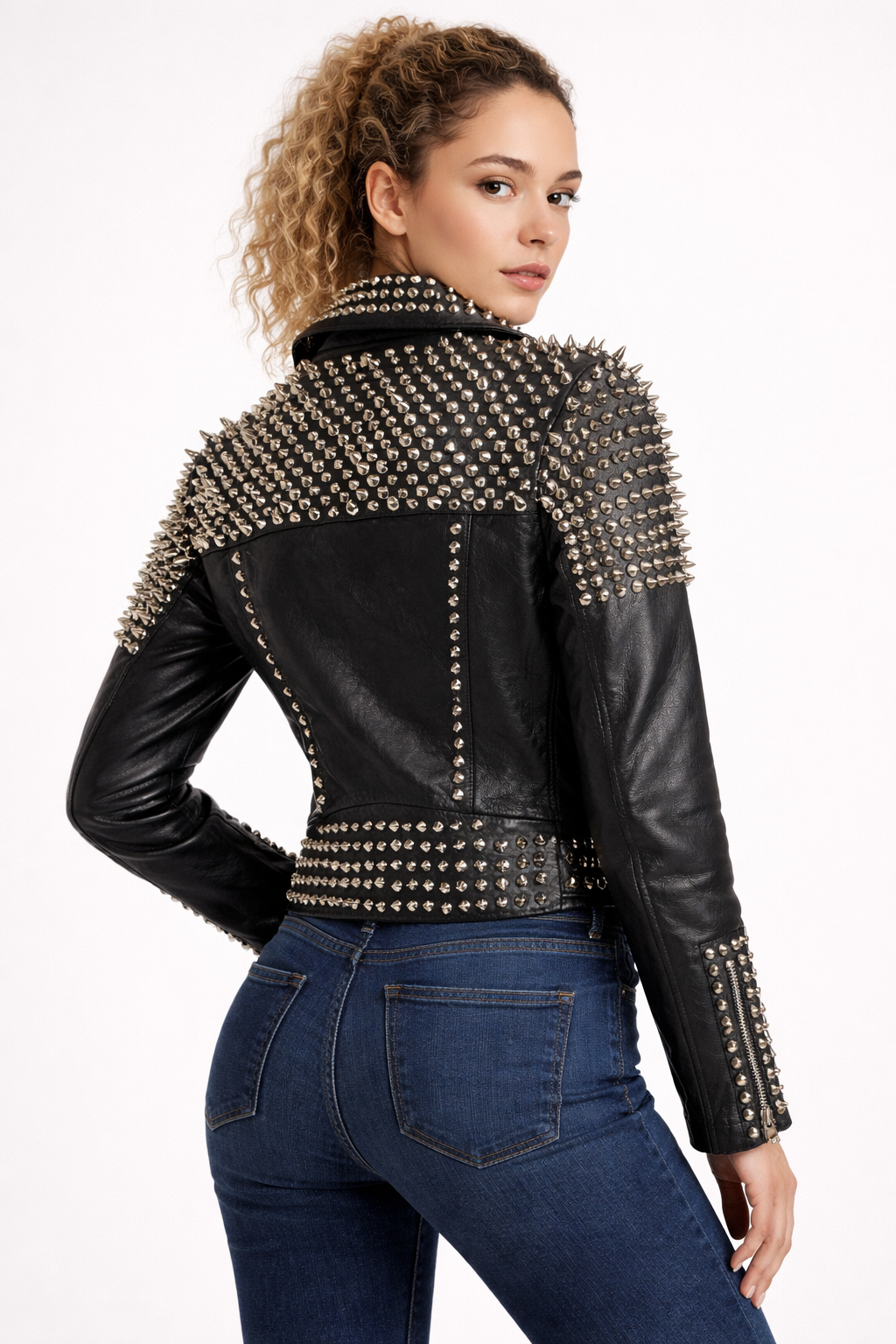 Women's Black Genuine Leather Studded Spike Jacket - Premium Handmade Biker Style - Luxurena Leather