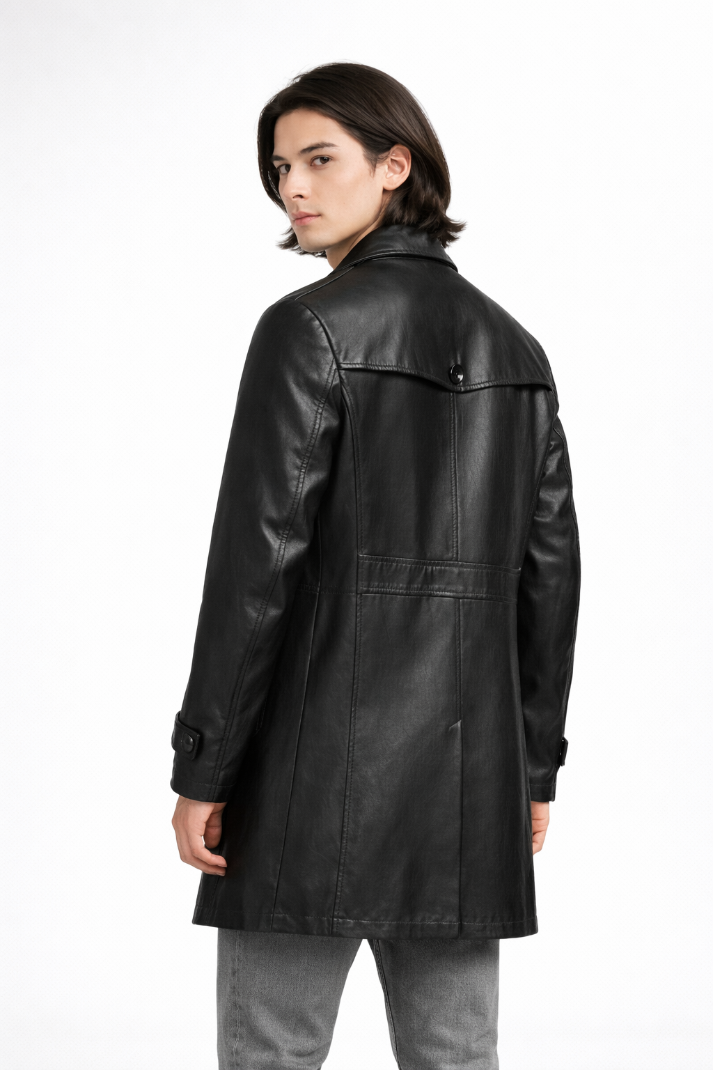 Men's Black Genuine Leather Mid-Length Coat - Classic Tailored Premium Leather Jacket - Luxurena Leather