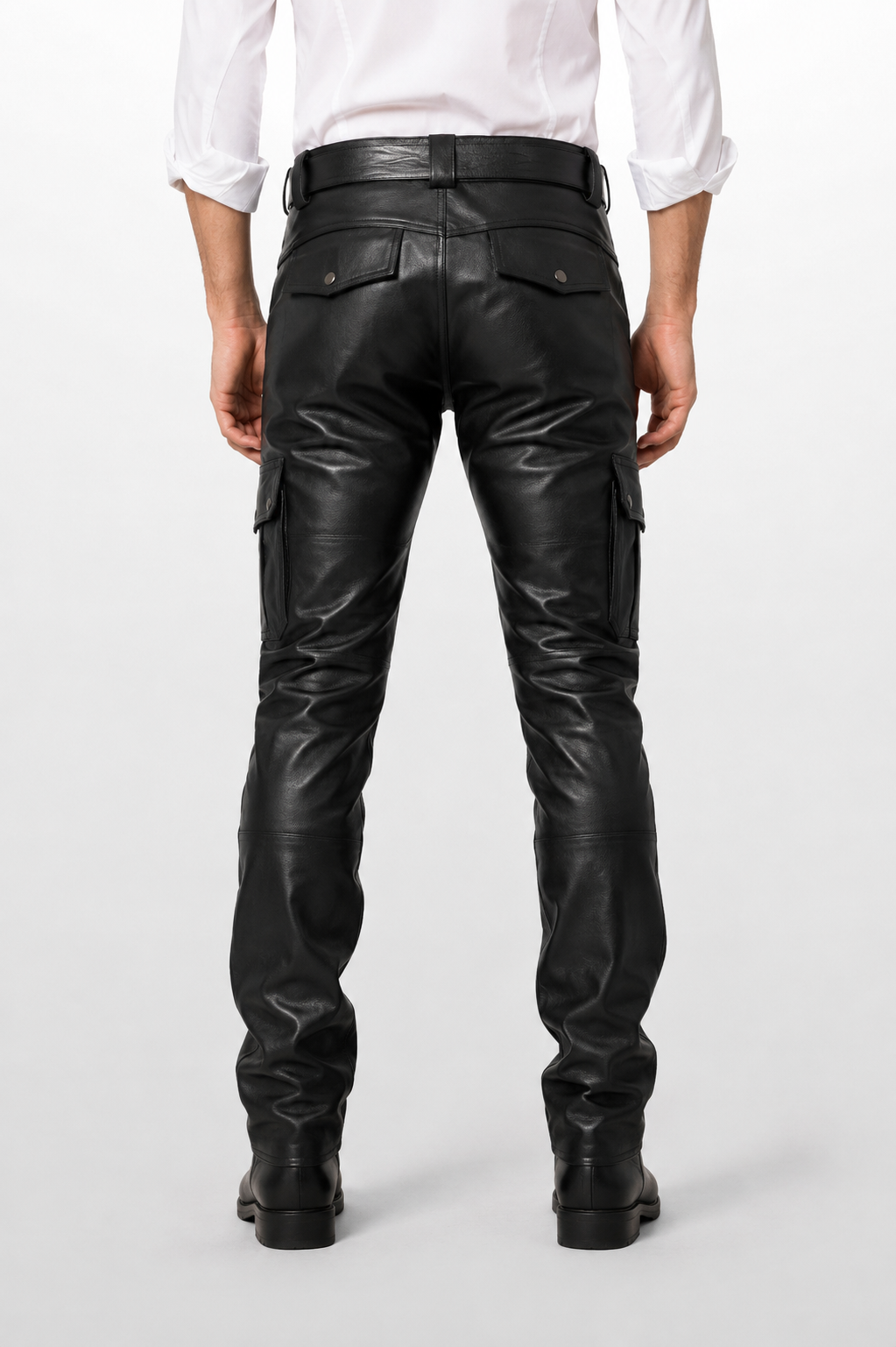 Men's Black Genuine Leather Biker Cargo Pants - Utility Pocket Motorcycle Trousers
