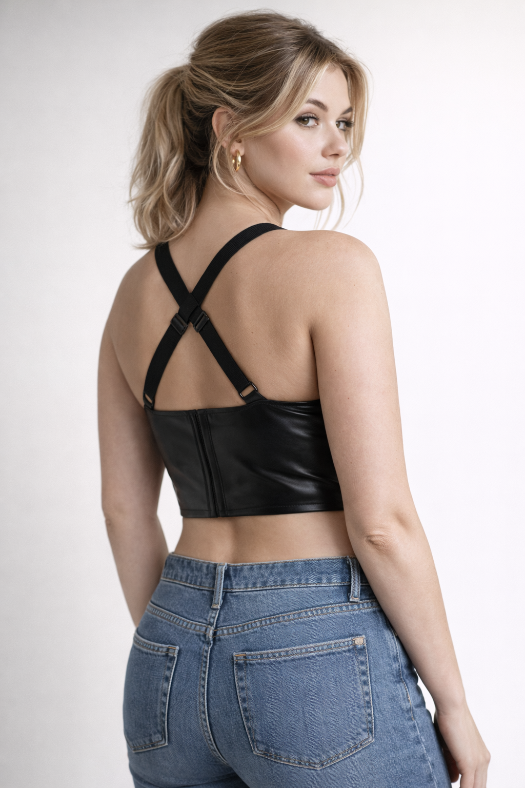 Women's Black Genuine Leather Cross Strap Longline Top - Premium Fit & Sculpted Design