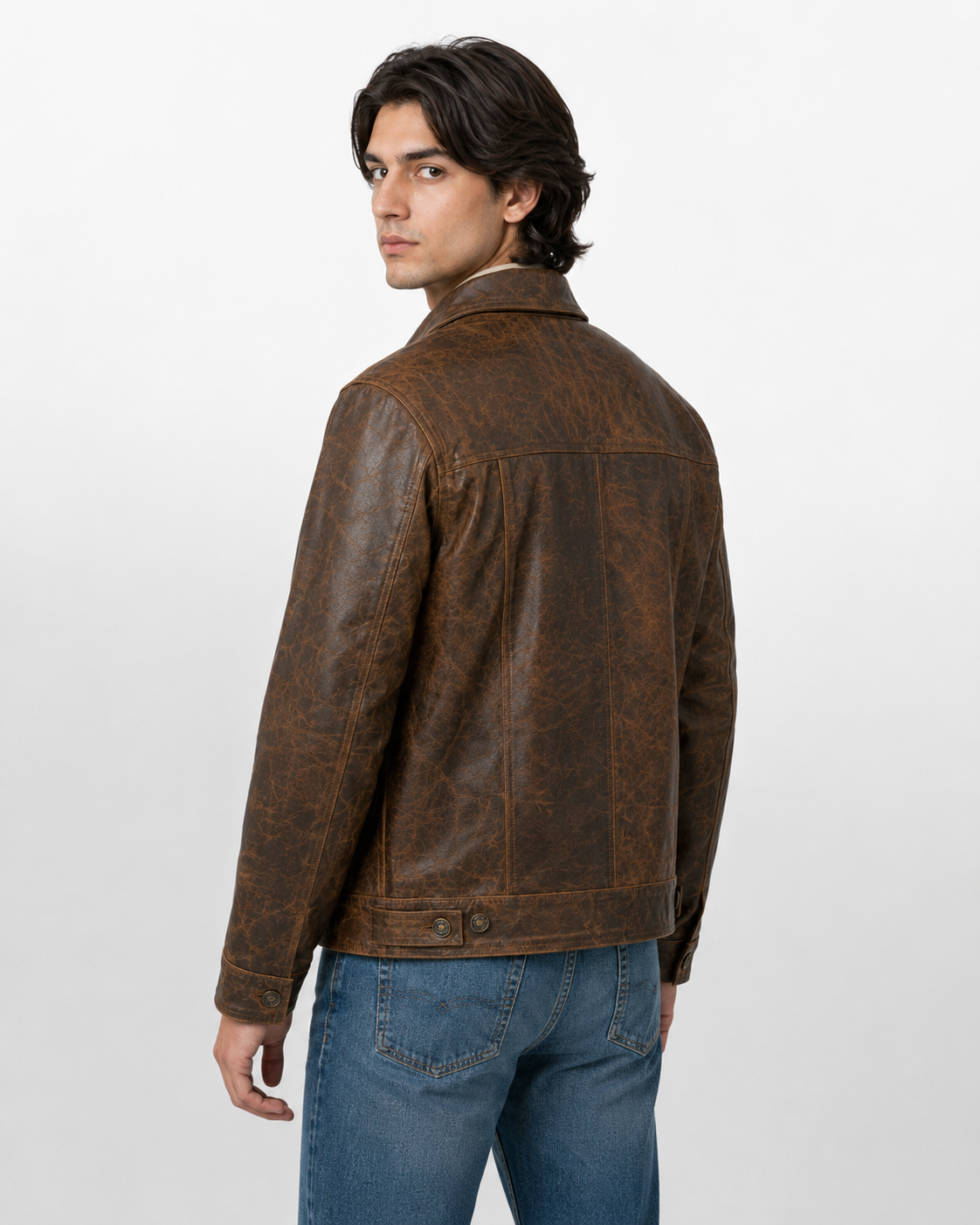Men's Distressed Brown Full-Grain Cow Leather Trucker Jacket with Antique Brass Buttons