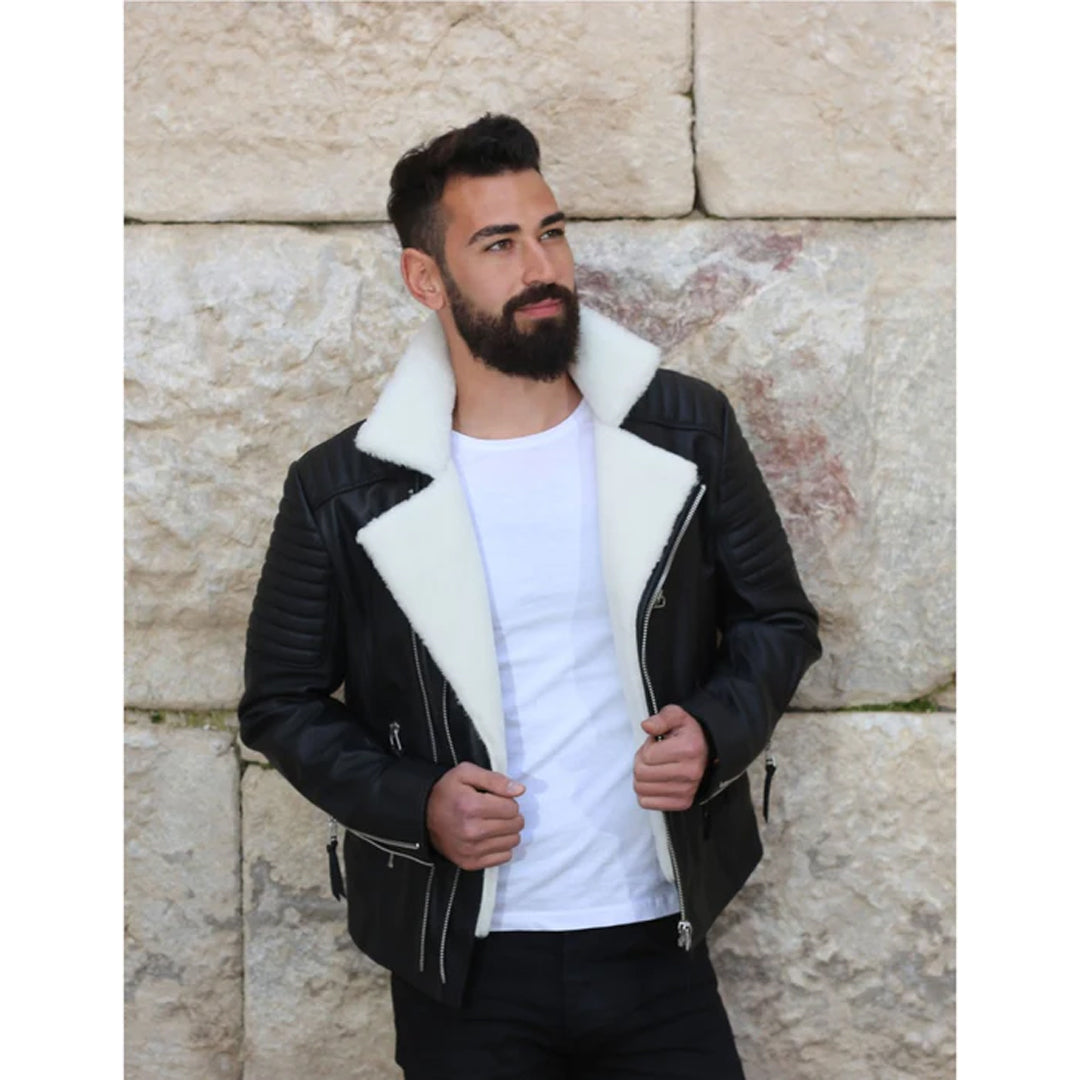 Men`s Black Shearling Leather Jacket