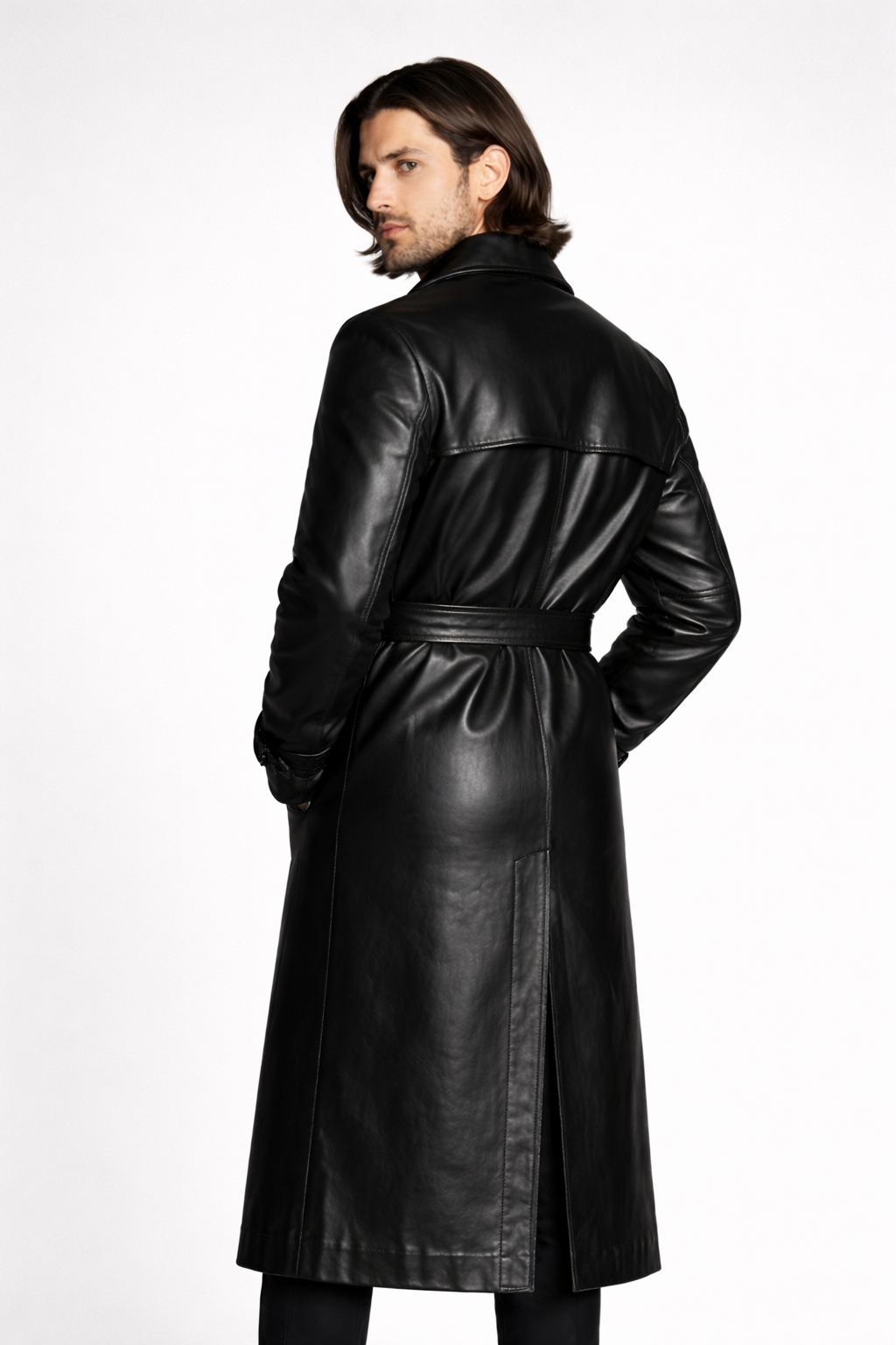 Men's Black Genuine Leather Belted Trench Coat - Classic Long Luxury Coat - Luxurena Leather