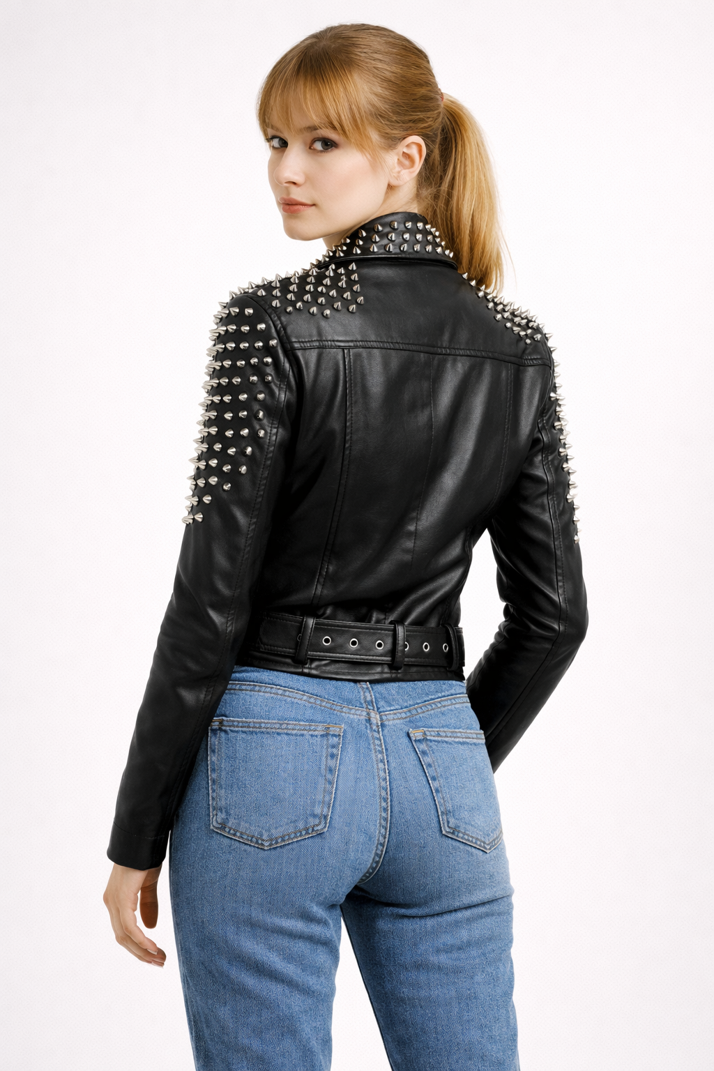 Women's Black Genuine Leather Studded Biker Jacket - Premium Spiked Brando Style - Luxurena Leather