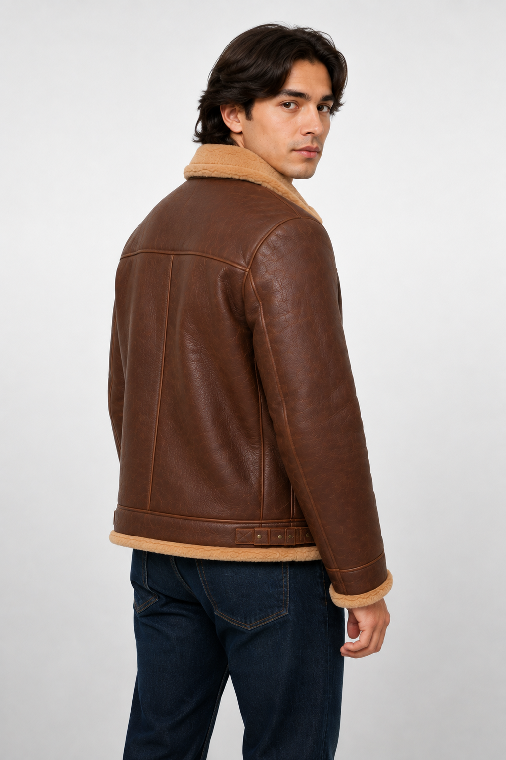 Men's B-3 Shearling Bomber Brown Leather Jacket - Genuine Sheepskin & Natural Wool