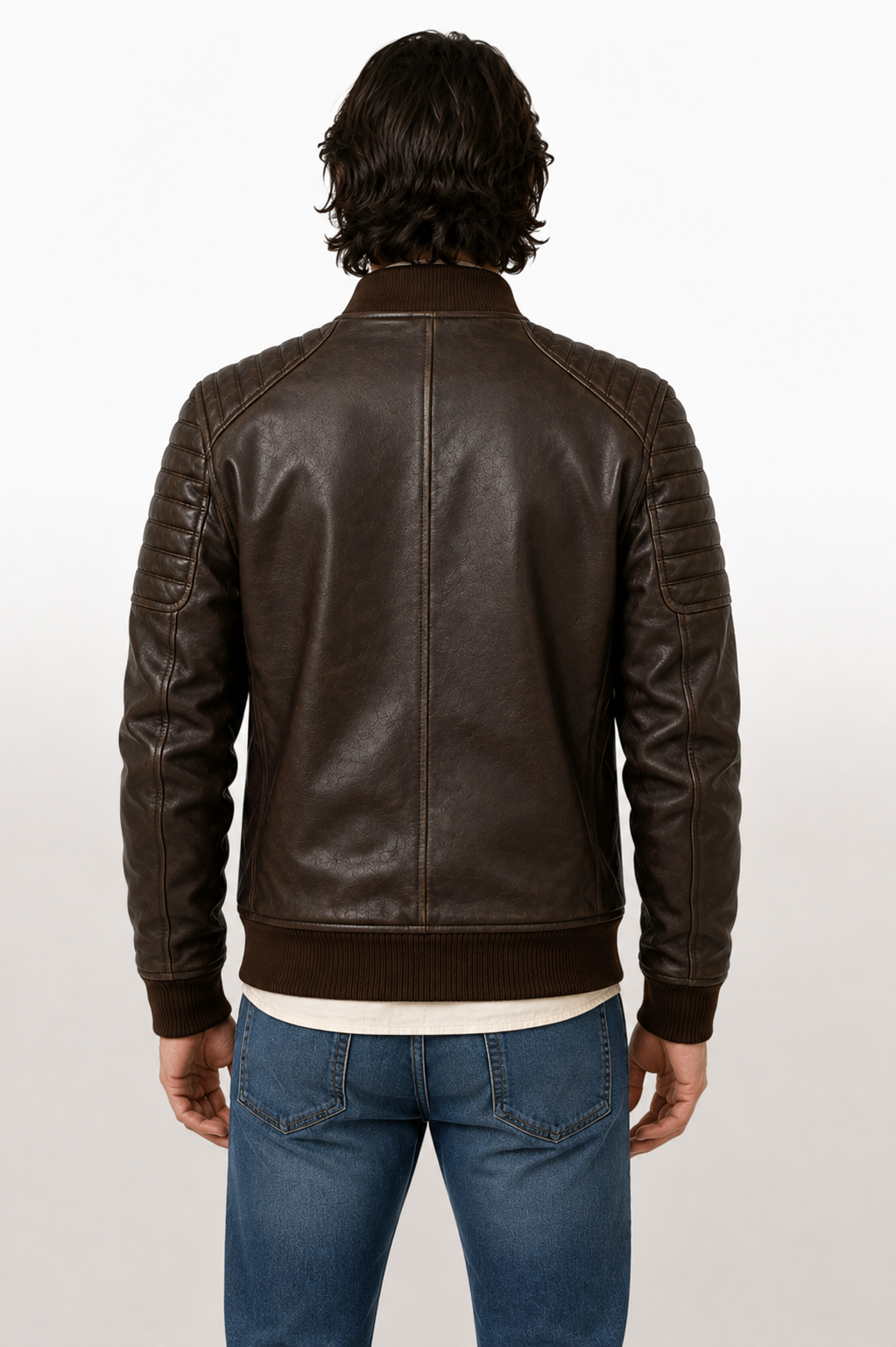 Men's Vintage Brown Genuine Leather Aviator Bomber Jacket with Quilted Shoulders