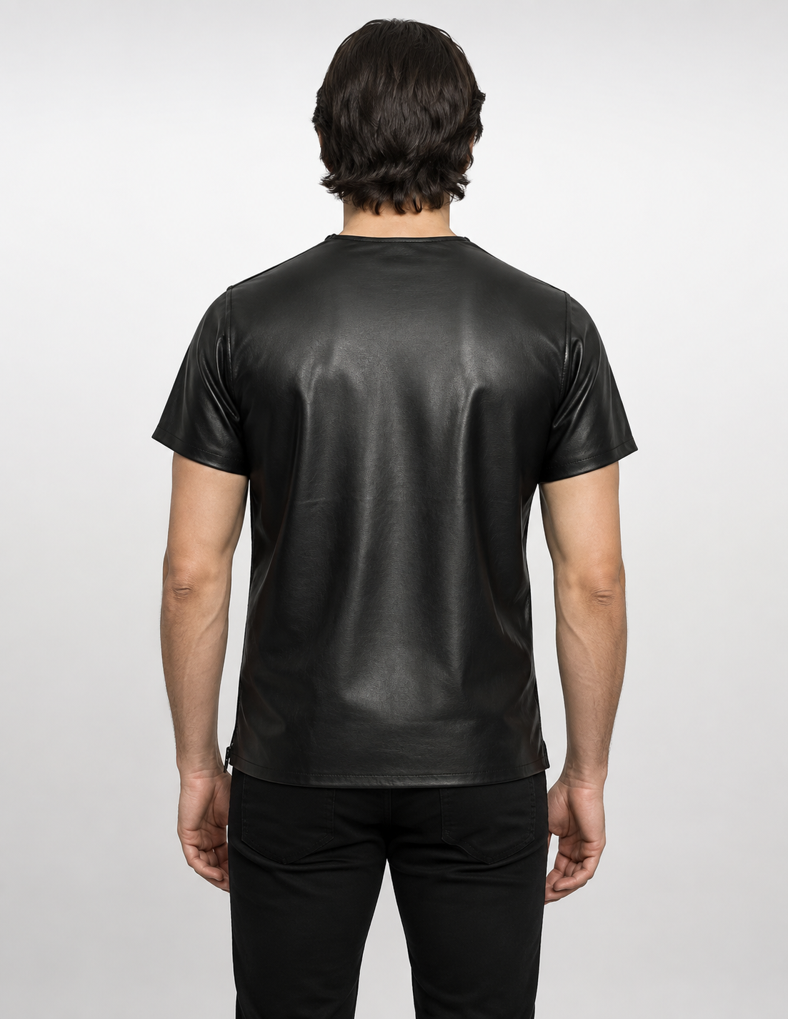 Men's Black Genuine Cow Leather Short Sleeve Shirt - Round Neck Leather T-Shirt