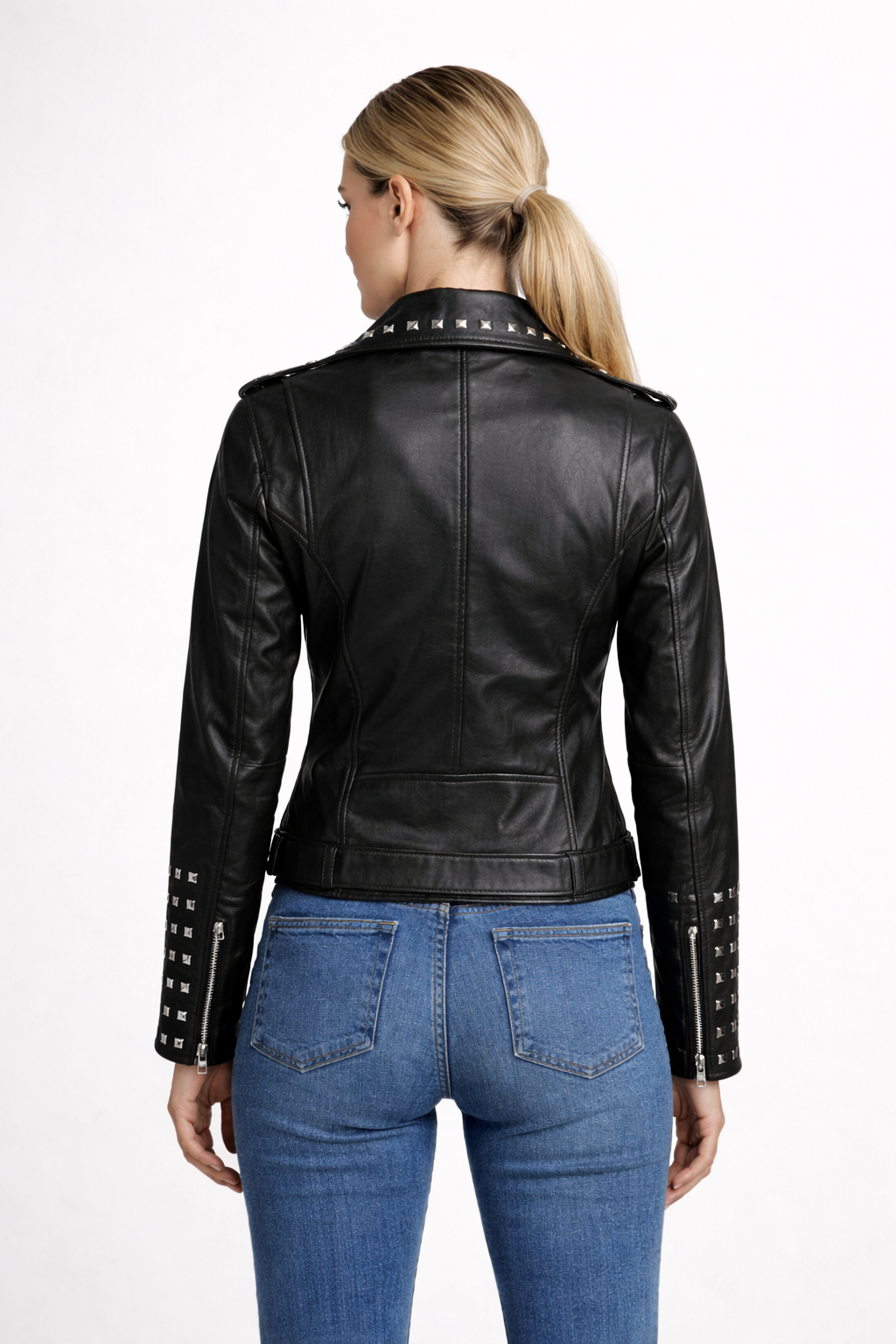 Women's Black Genuine Leather Studded Brando Biker Jacket with Belt - Luxurena Leather