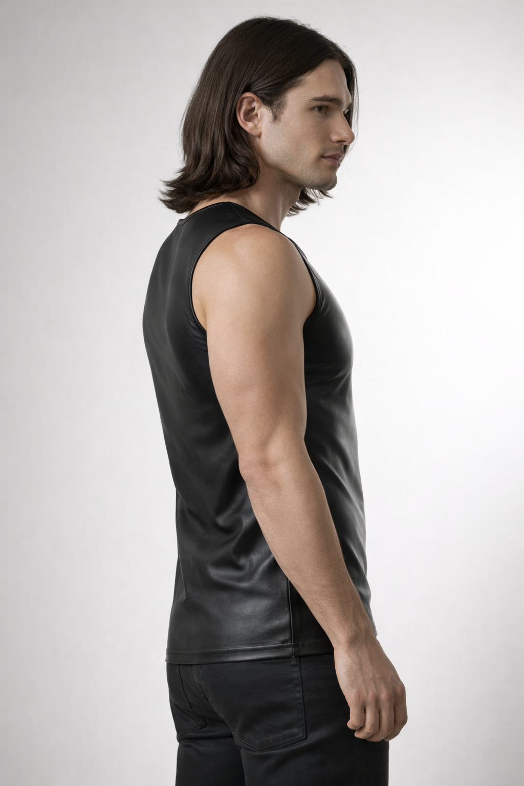 Men's Black Genuine Leather Sleeveless Biker Tank Top Vest - Slim Fit Sport Style - Luxurena Leather