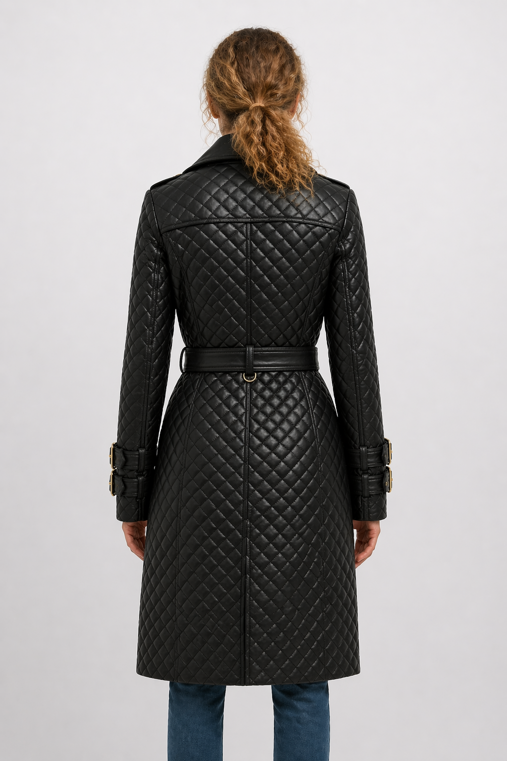 Women's Black Genuine Leather Quilted Double-Breasted Trench Coat - Belted Luxury Fit - Luxurena Leather