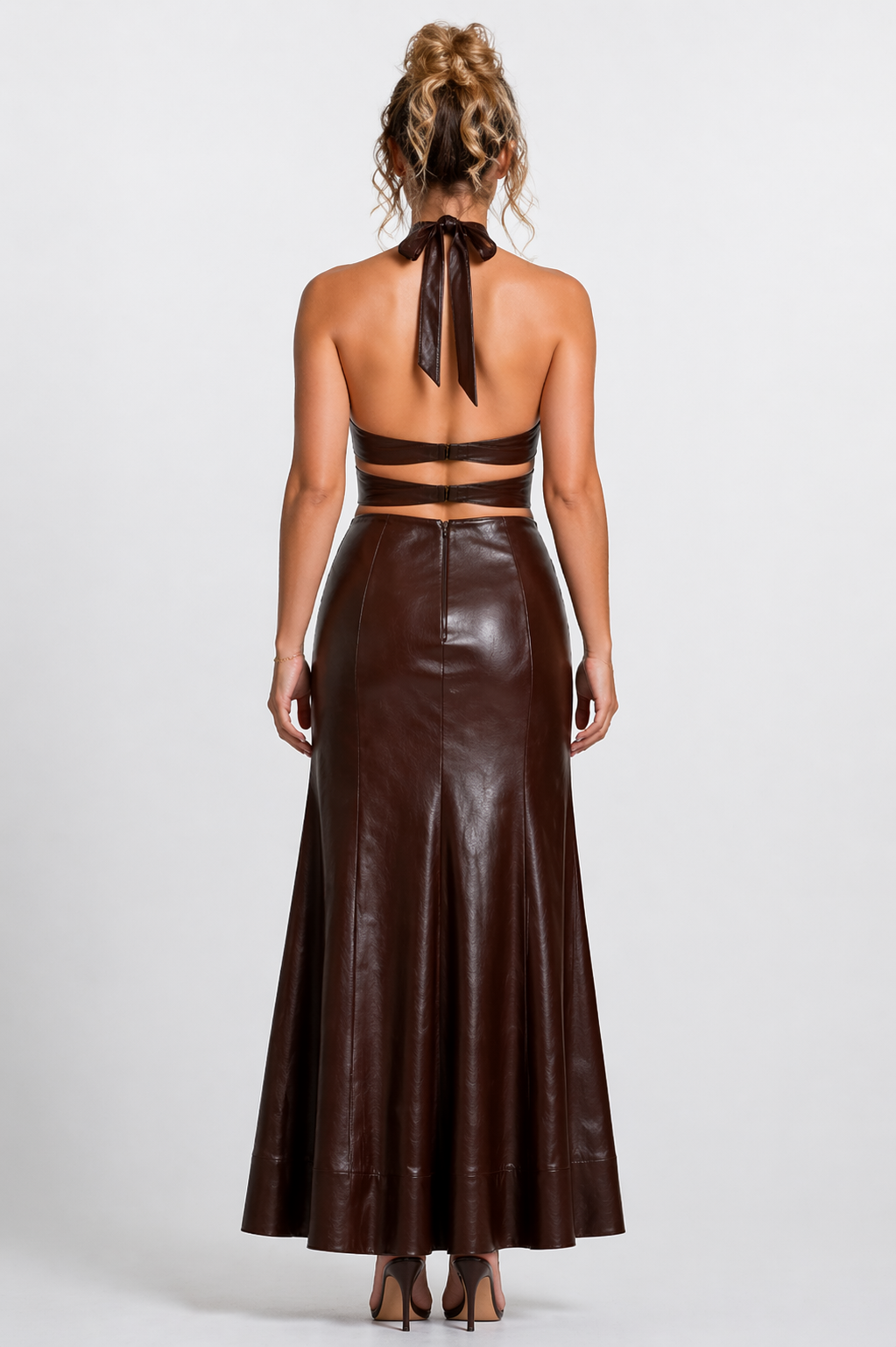Women's Brown Genuine Leather Halter Cutout Maxi Dress with Belted Waist - Sculpted Fit Luxury Leather Gown