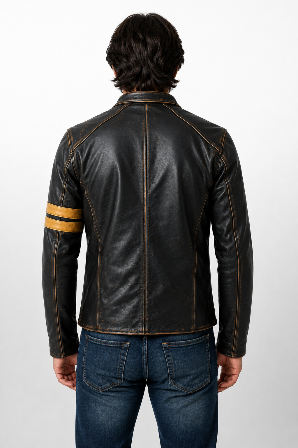 Men's Distressed Black Genuine Leather Café Racer Jacket - Antique Brown Accents & Racing Stripes
