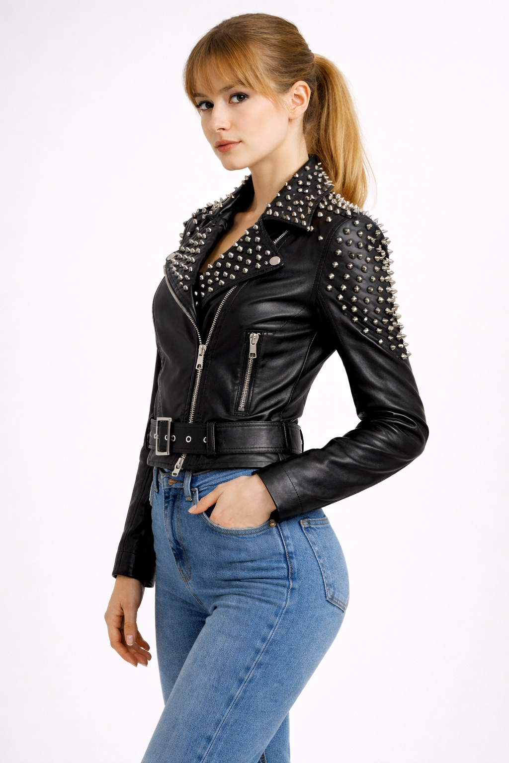 Women's Black Genuine Leather Studded Biker Jacket - Premium Spiked Brando Style - Luxurena Leather