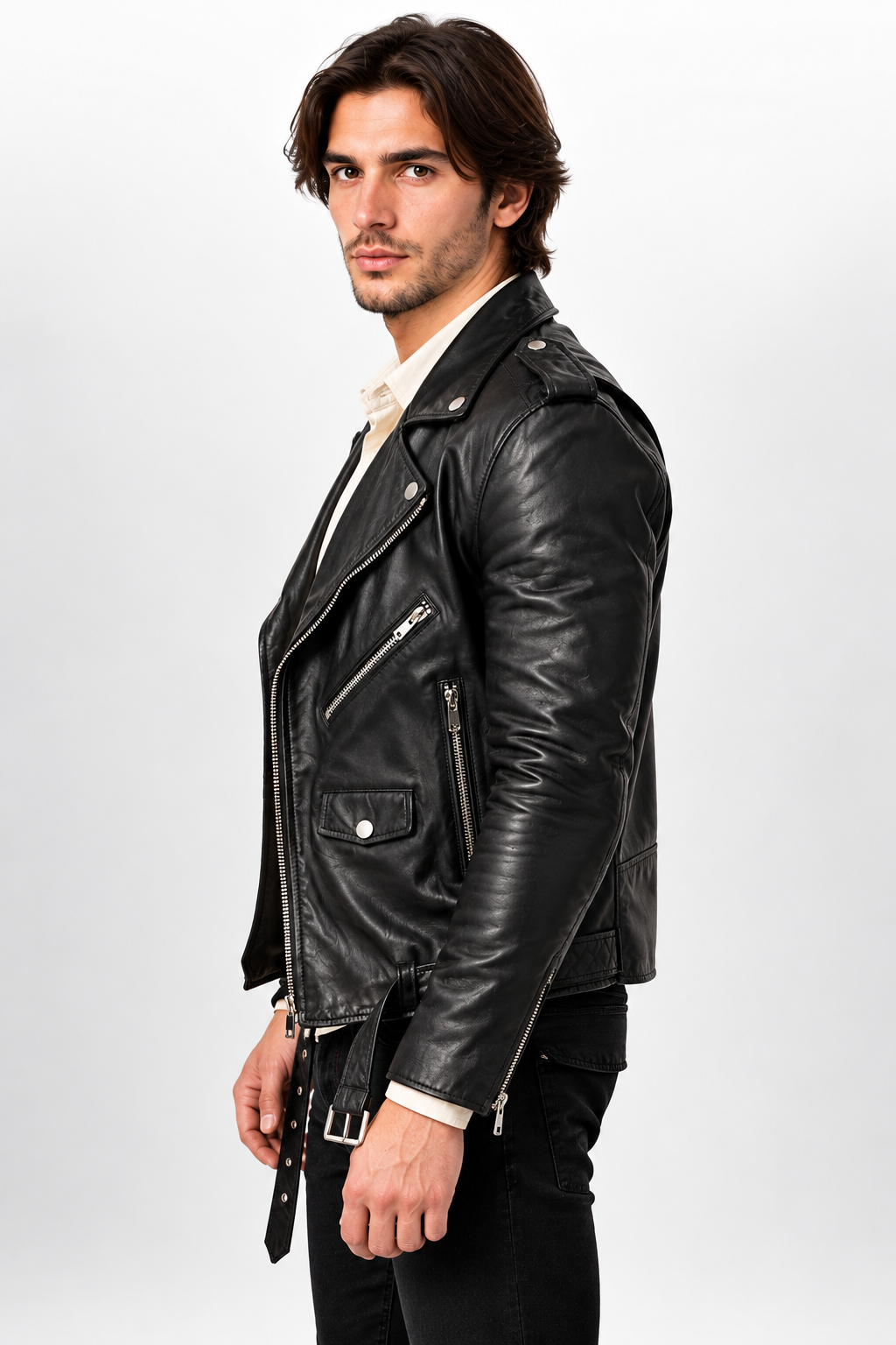 Men's Black Genuine Leather Biker Jacket with Belt - Classic Motorcycle Style