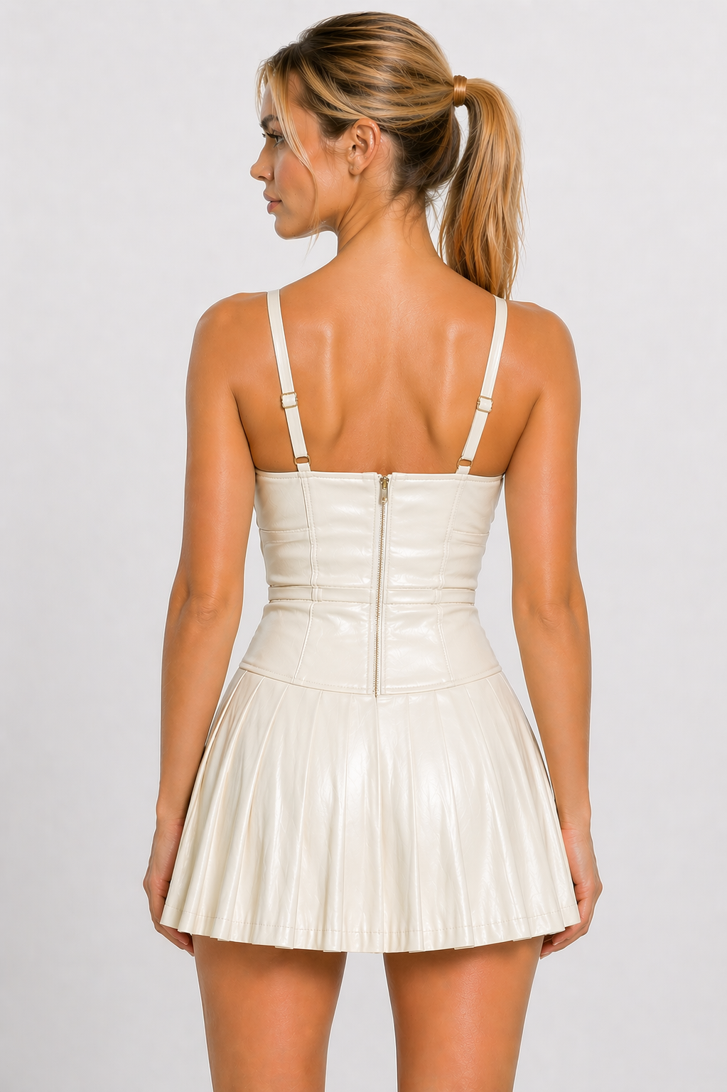 Women's Off White Genuine Leather Strappy Pleated Mini Dress - Structured Corset Fit - Luxurena Leather
