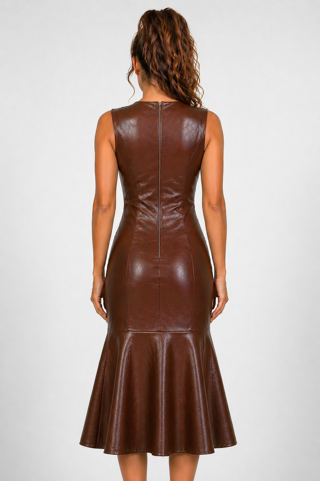 Women's Brown Genuine Leather Mermaid Midi Dress - Sculpted Fit, Sweetheart Neck, Flared Hem - Luxurena Leather