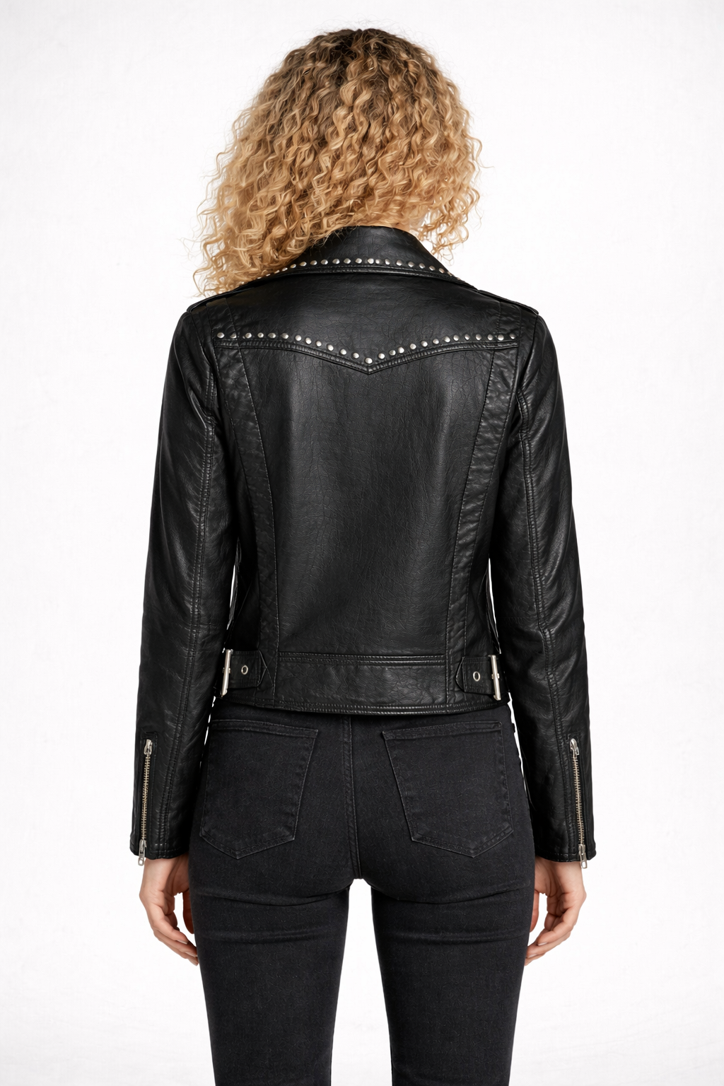 Women's Black Genuine Leather Studded Biker Jacket - Premium Slim Fit - Luxurena Leather
