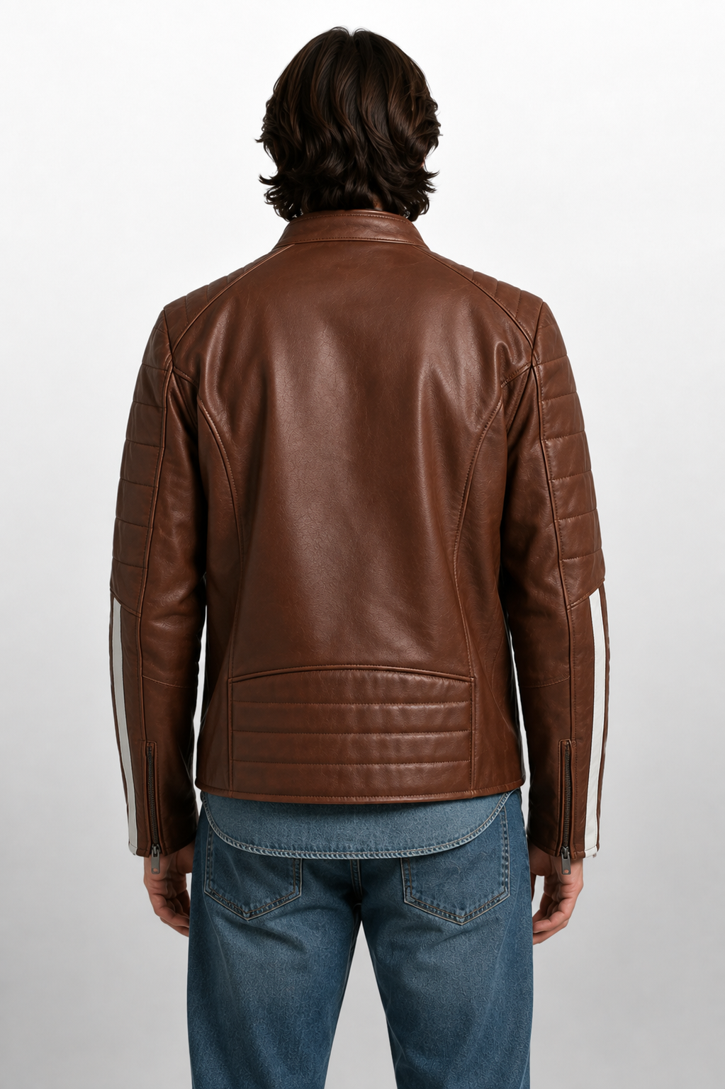 Men's Vintage Brown Cow Leather Striped Sleeve Racer Jacket