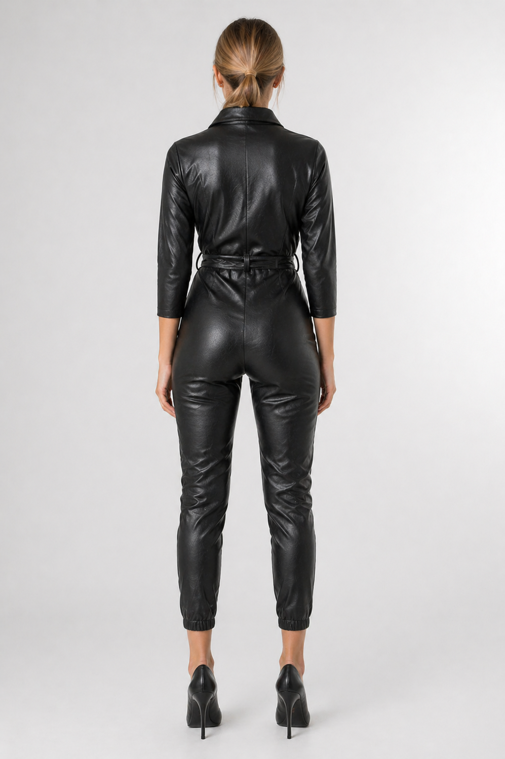 Women's Black Genuine Leather Catsuit Jumpsuit - Belted High-Neck Statement Party Wear - Luxurena Leather