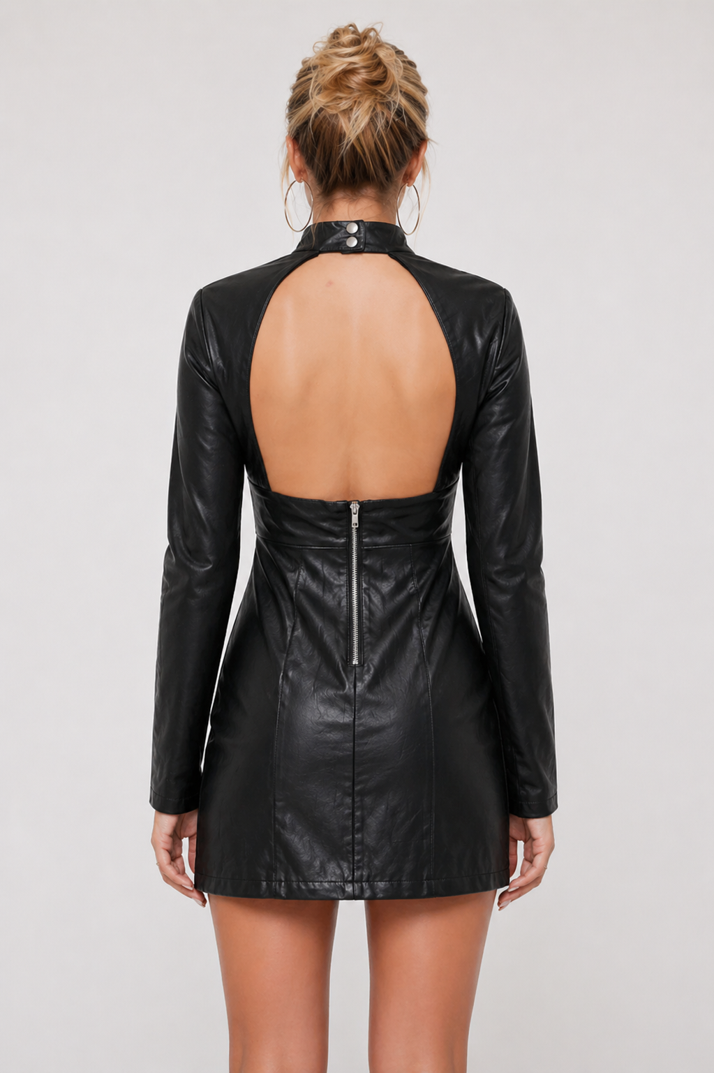 Women's Black Genuine Leather Backless Cut-Out Dress - High Neck Bodycon Fit - Luxurena Leather
