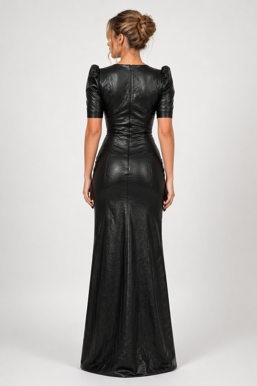 Women's Black Genuine Leather Sweetheart Neck Bodycon Maxi Dress with High Slit - Luxurena Leather