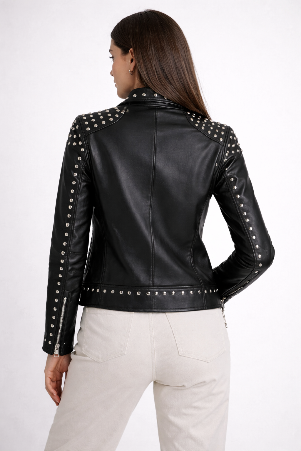 Women's Black Genuine Leather Studded Biker Jacket - Premium Slim Fit - Luxurena Leather