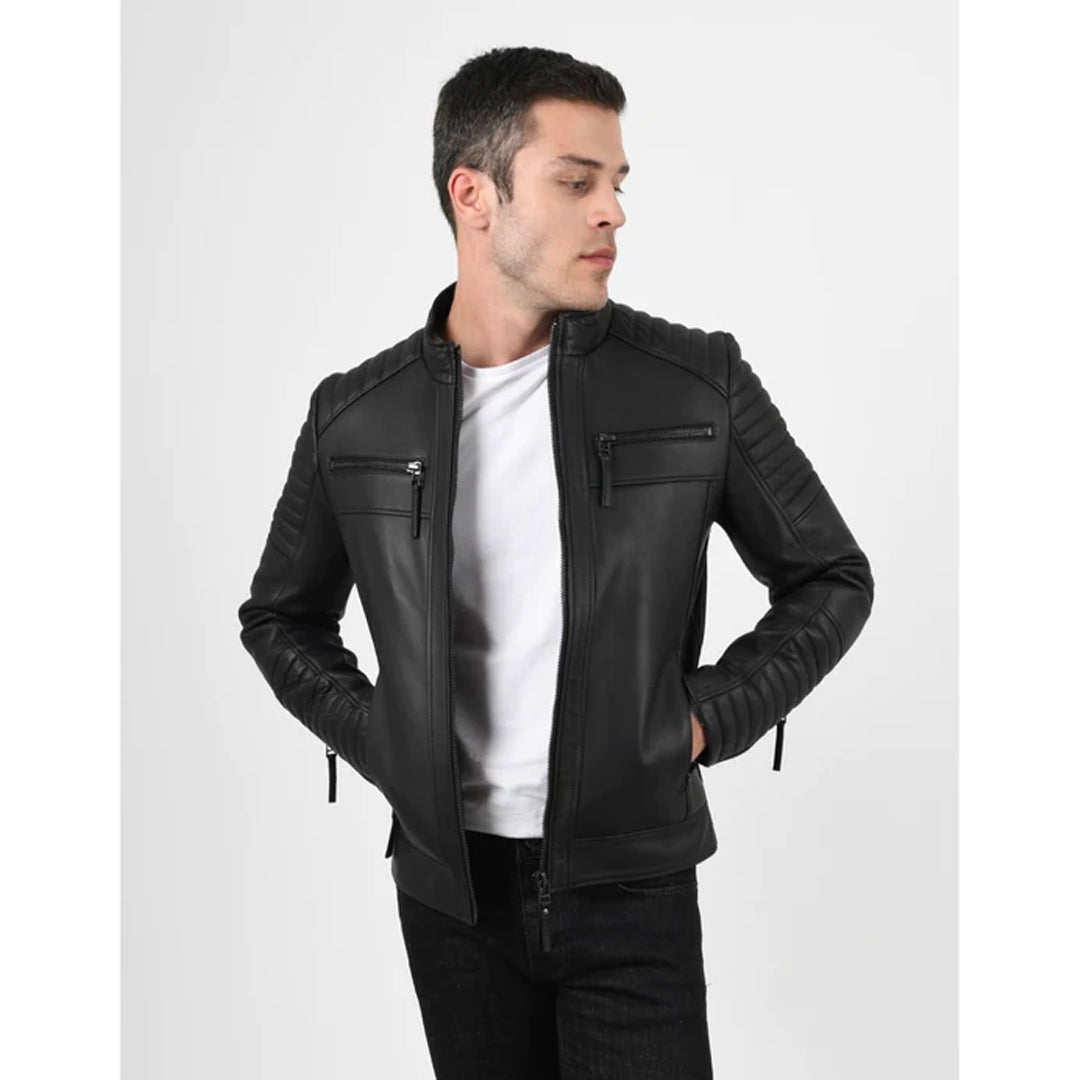 Men's Quilted Black Leather Jacket - Luxurena Leather