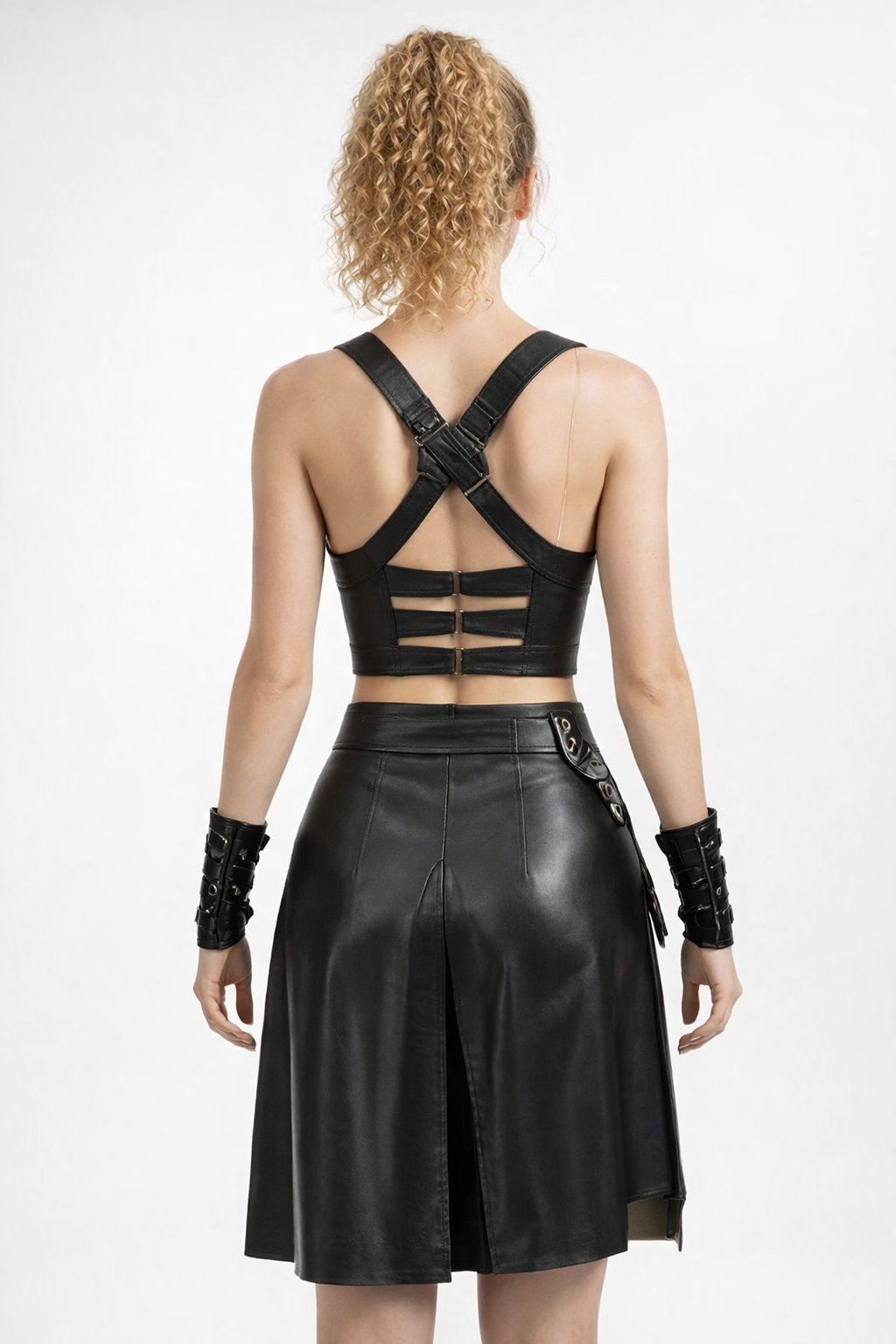 Women's Black Genuine Leather Gladiator Costume with Harness & Skirt - Gothic Cosplay Outfit