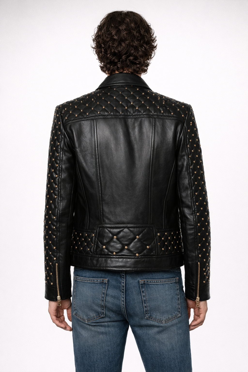 Men's Black Genuine Leather Quilted Gold Studded Brando Classic Jacket